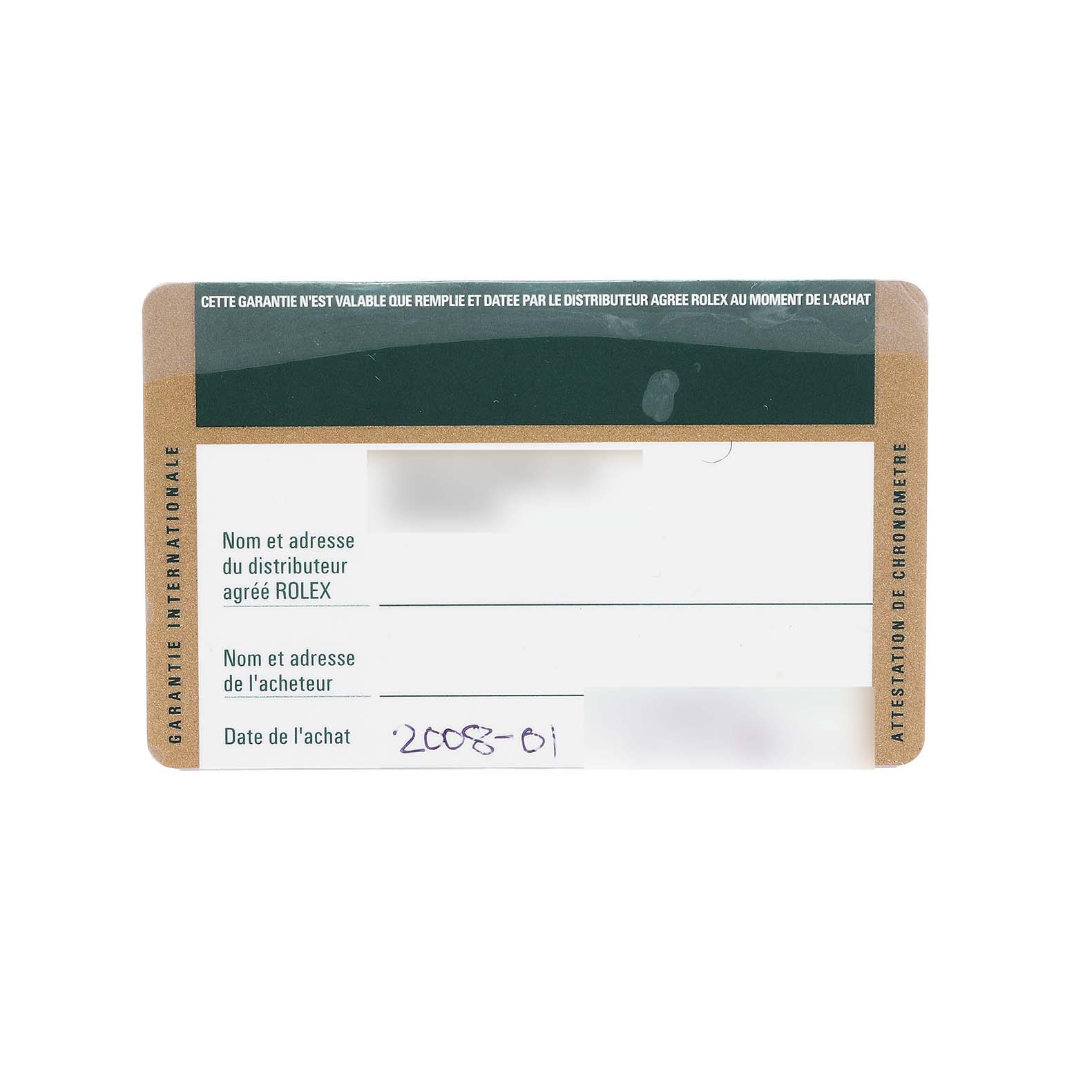 This is a warranty card for a Rolex Turn-o-Graph 116264 Men's Stainless Steel Black Dial watch, showing details like distributor and purchase date.