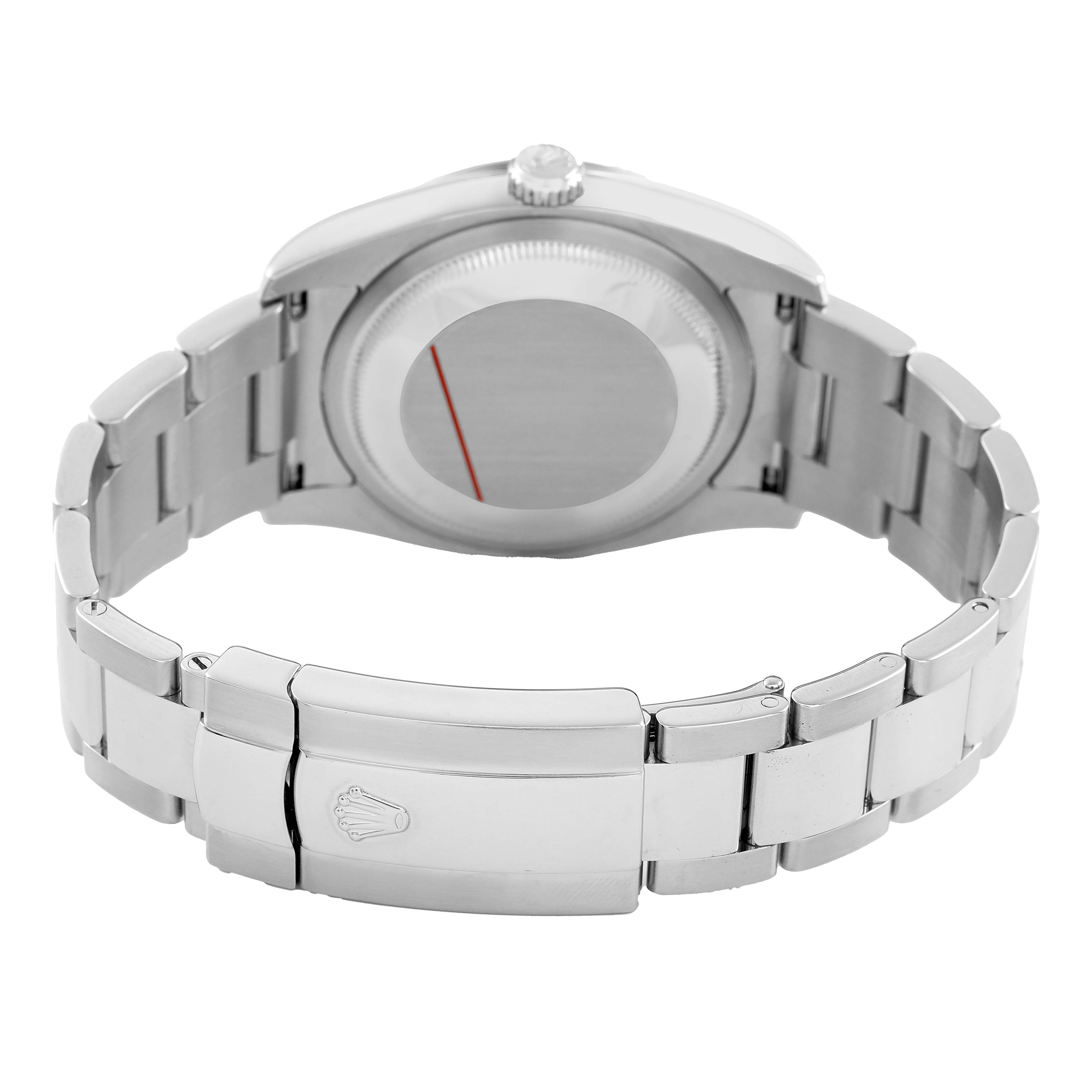 The image shows the back view of a Rolex Turn-o-Graph 116264 Men's Stainless Steel Black Dial watch, highlighting the closed clasp and stainless steel bracelet.