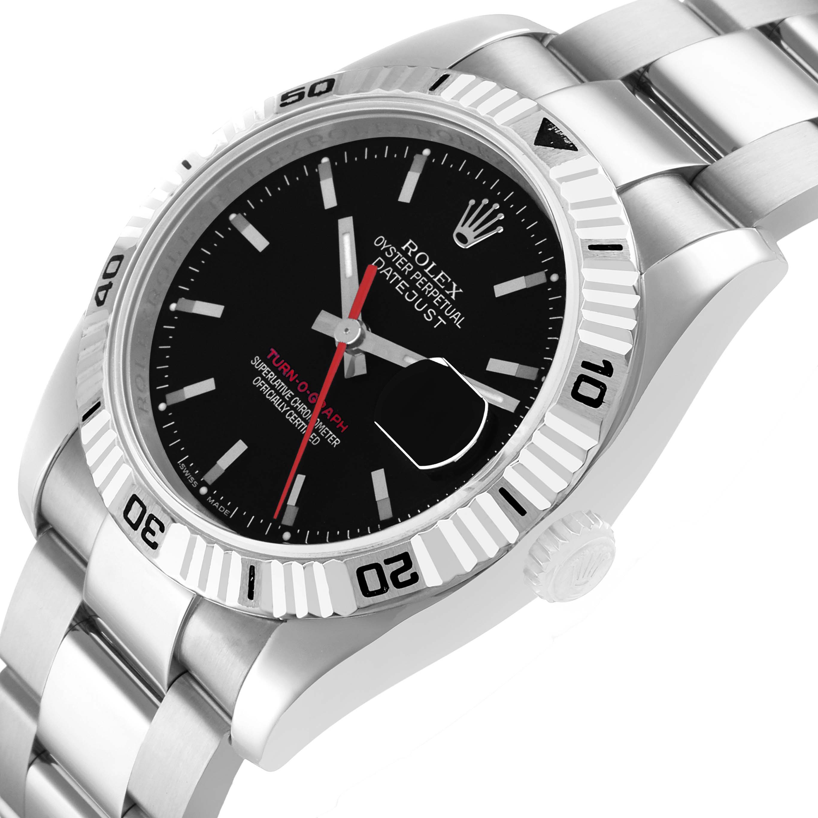 The Rolex Turn-o-Graph 116264 Men's Stainless Steel Black Dial watch is shown from an angled top view, displaying the bezel, dial, and bracelet.