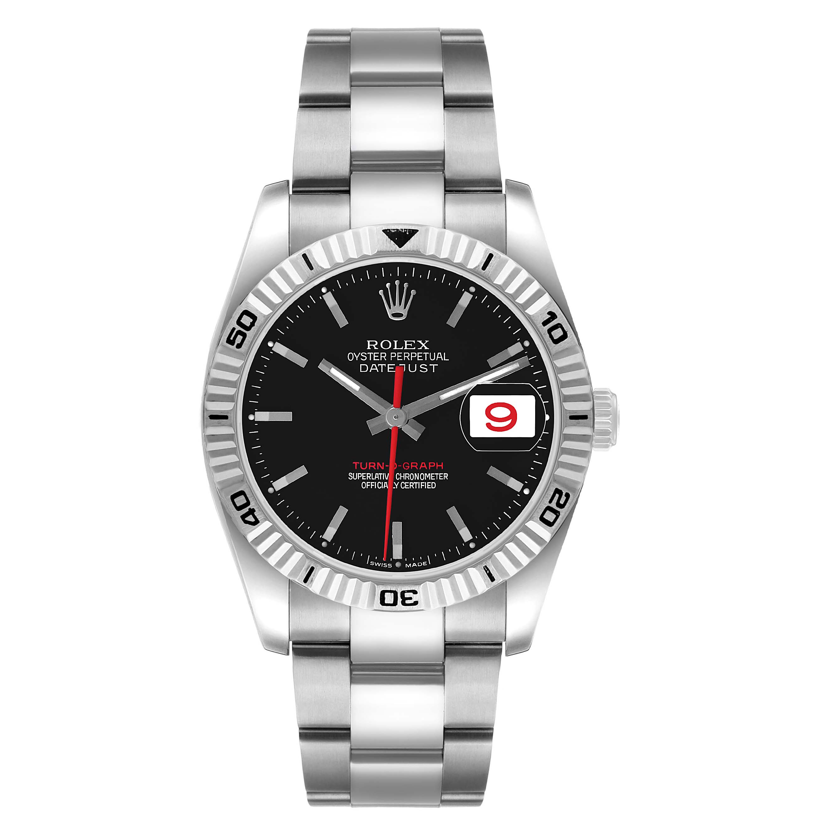 The Rolex Turn-O-Graph watch is shown from a straight-on angle, highlighting the dial, bezel, and bracelet.