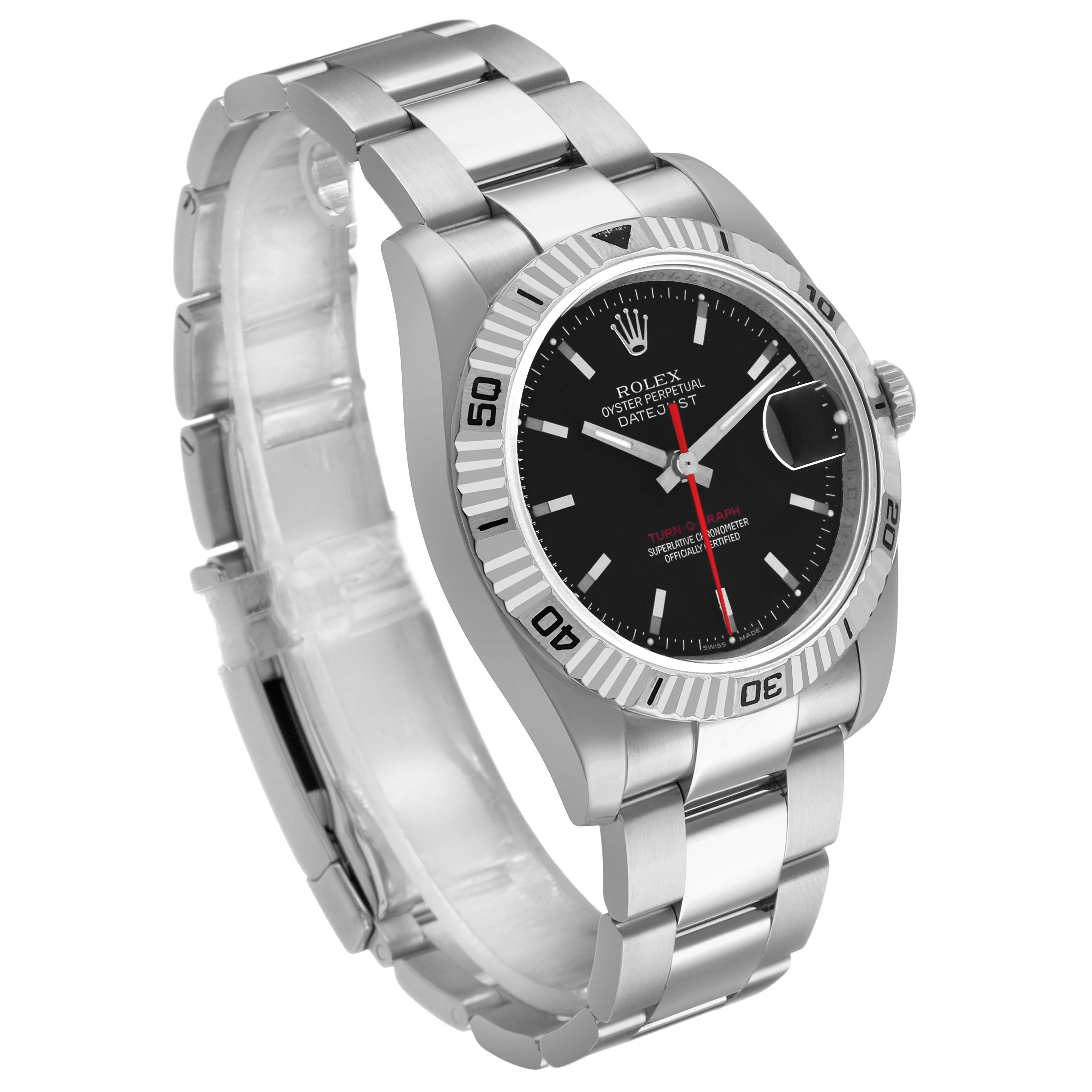 The Rolex Turn-o-Graph 116264 Men's Stainless Steel Black Dial watch is shown at a three-quarter angle, highlighting the dial, bezel, and bracelet.
