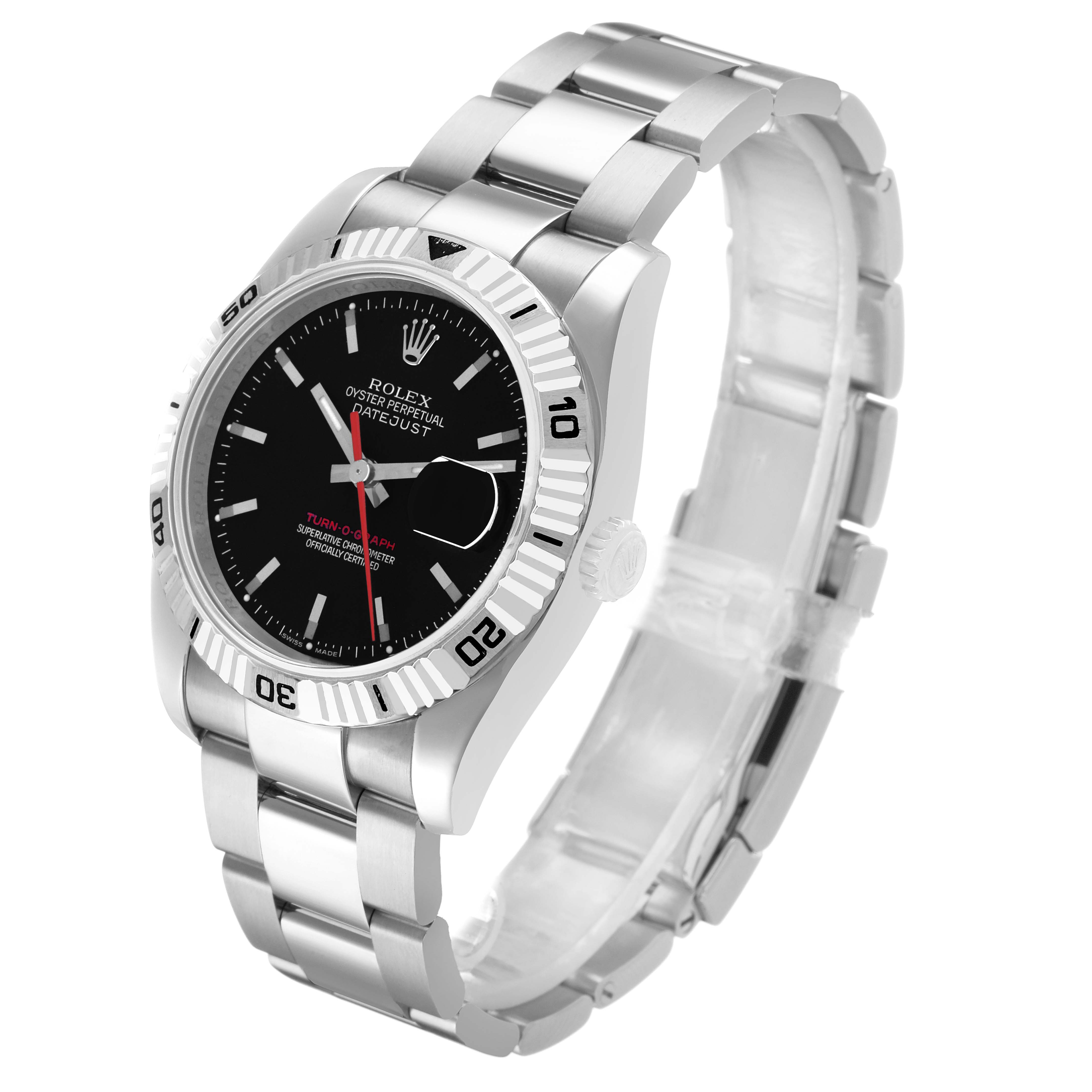 The Rolex Turn-o-Graph 116264 Men's Stainless Steel Black Dial watch is shown at a slight angle, highlighting the face, bezel, crown, and bracelet.