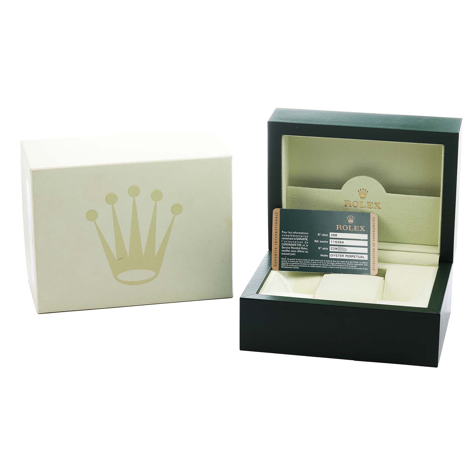The image shows a Rolex Turn-o-Graph 116264 Men's Stainless Steel Black Dial watch box and card from a front angle, highlighting its packaging and documentation.