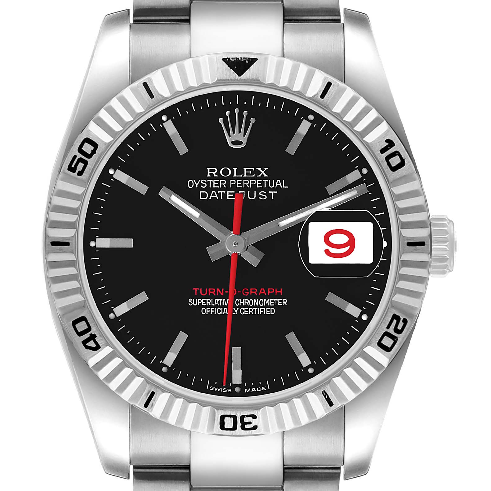 The Rolex Turn-o-Graph 116264 Men's Stainless Steel Black Dial watch is shown from a direct front angle, highlighting the dial, bezel, and bracelet.