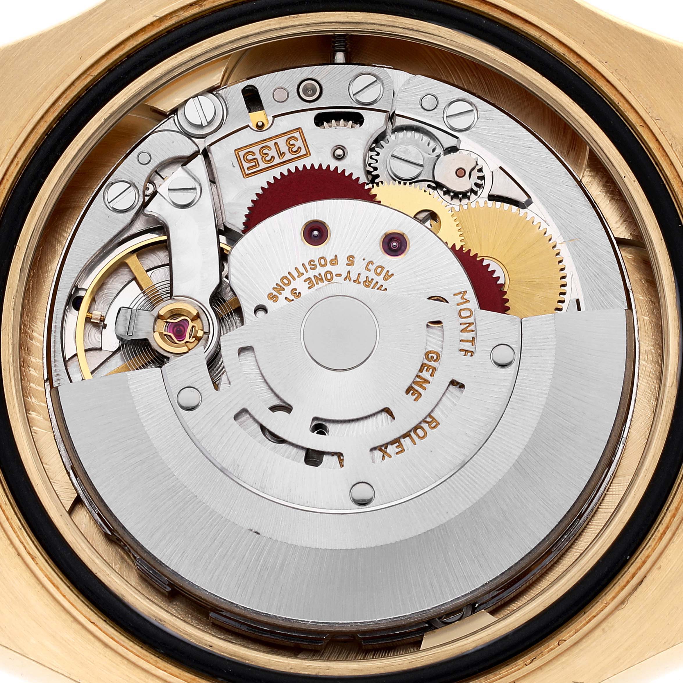 The image shows the internal mechanism and movement of a Rolex Yacht-Master M16628 Men's Yellow Gold White Dial M16628 Men's Yellow Gold White Dial watch from a rear angle.