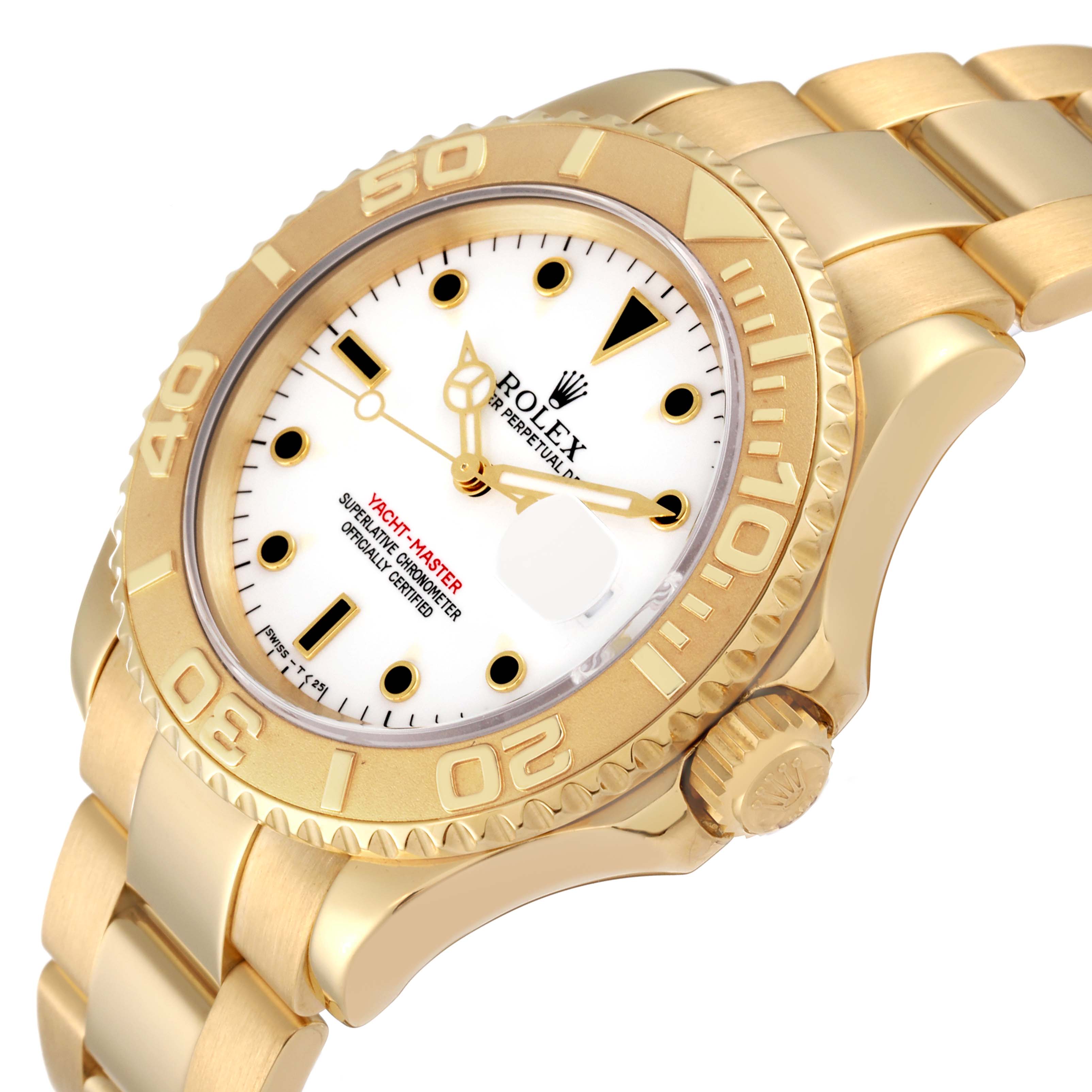 The image shows the face, bezel, and part of the bracelet of a Rolex Yacht-Master M16628 Men's Yellow Gold White Dial M16628 Men's Yellow Gold White Dial watch at a slight angle.