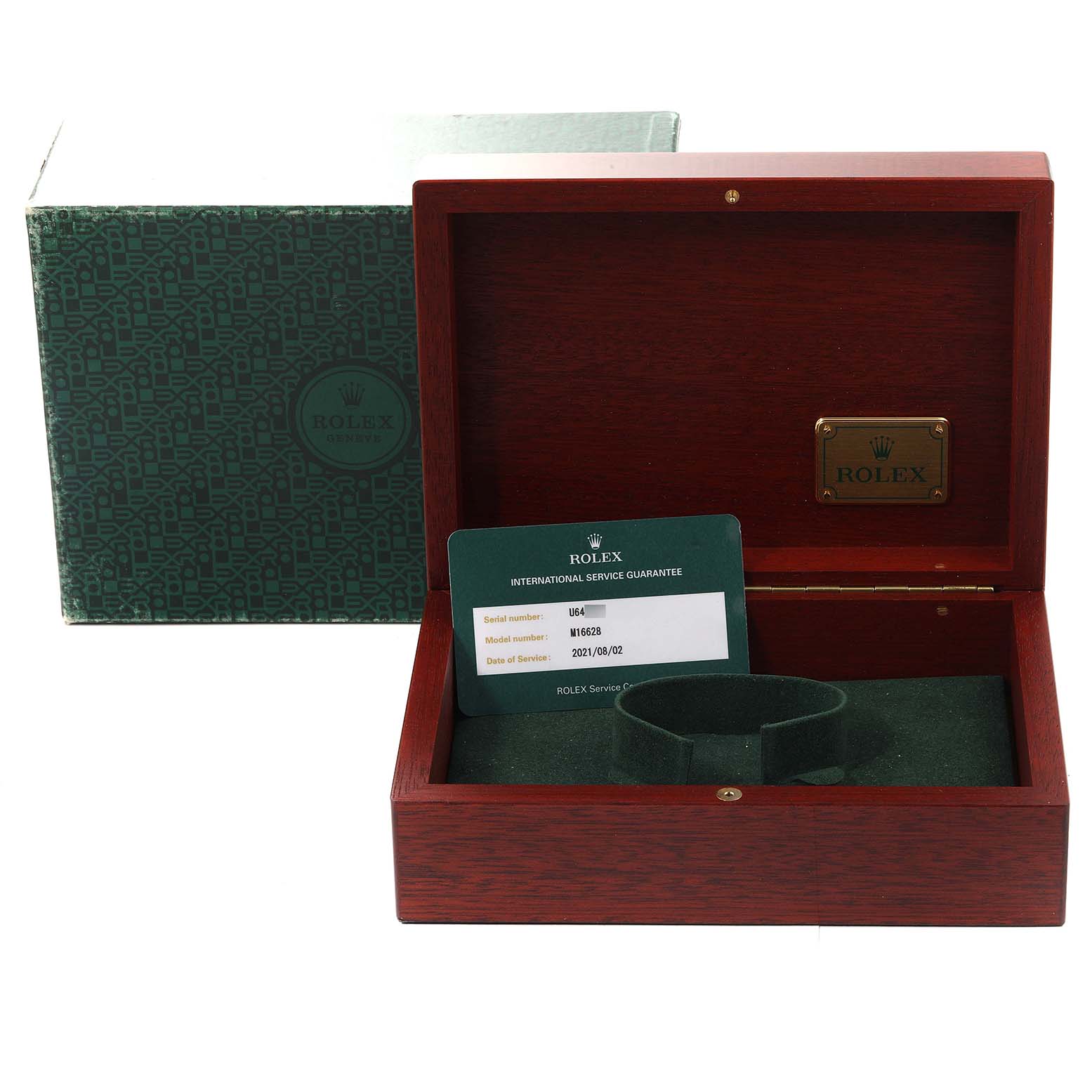 The image shows an empty Yacht-Master Rolex watch box, an instruction card, and its outer box.