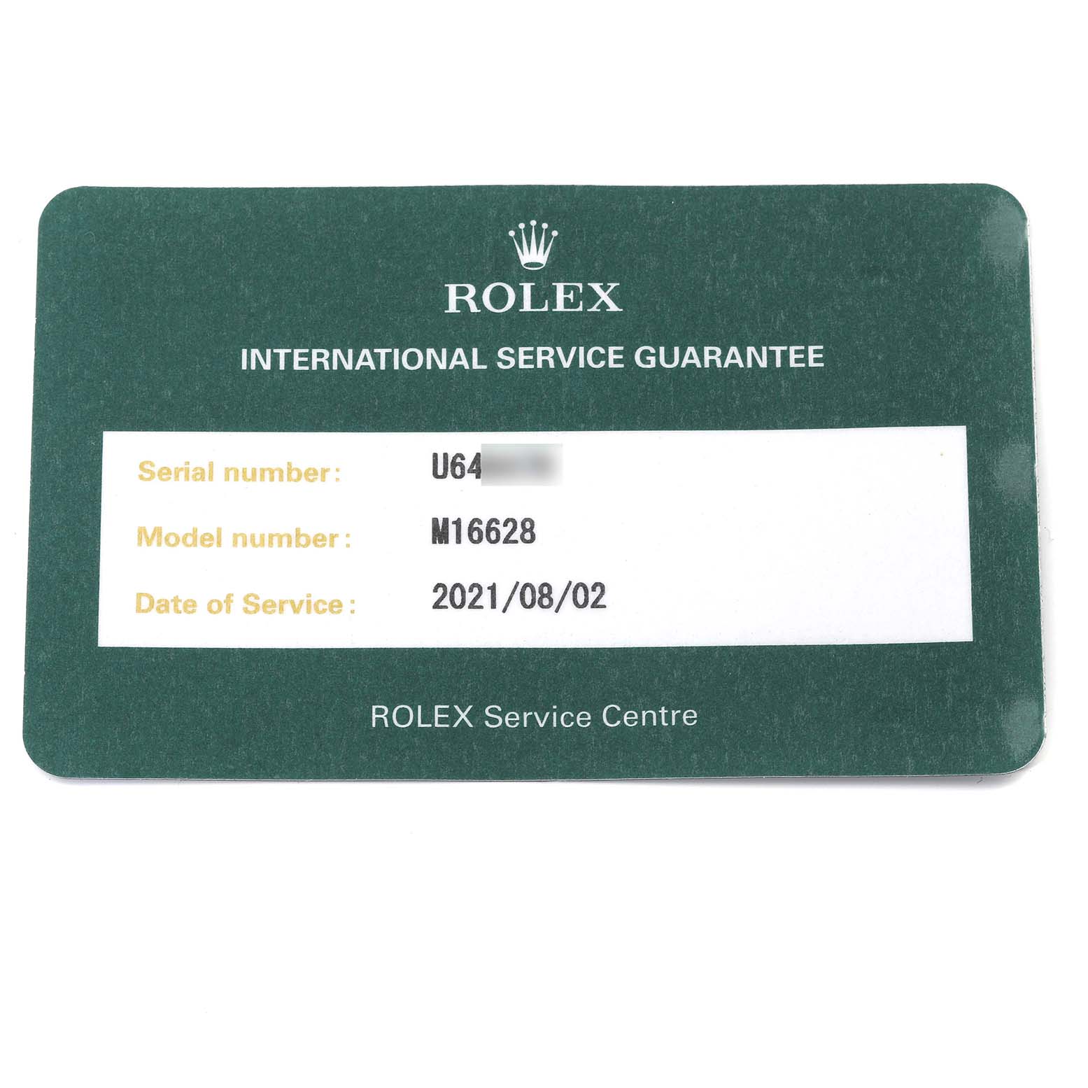 The image shows the front of a Rolex International Service Guarantee card for the Yacht-Master model.