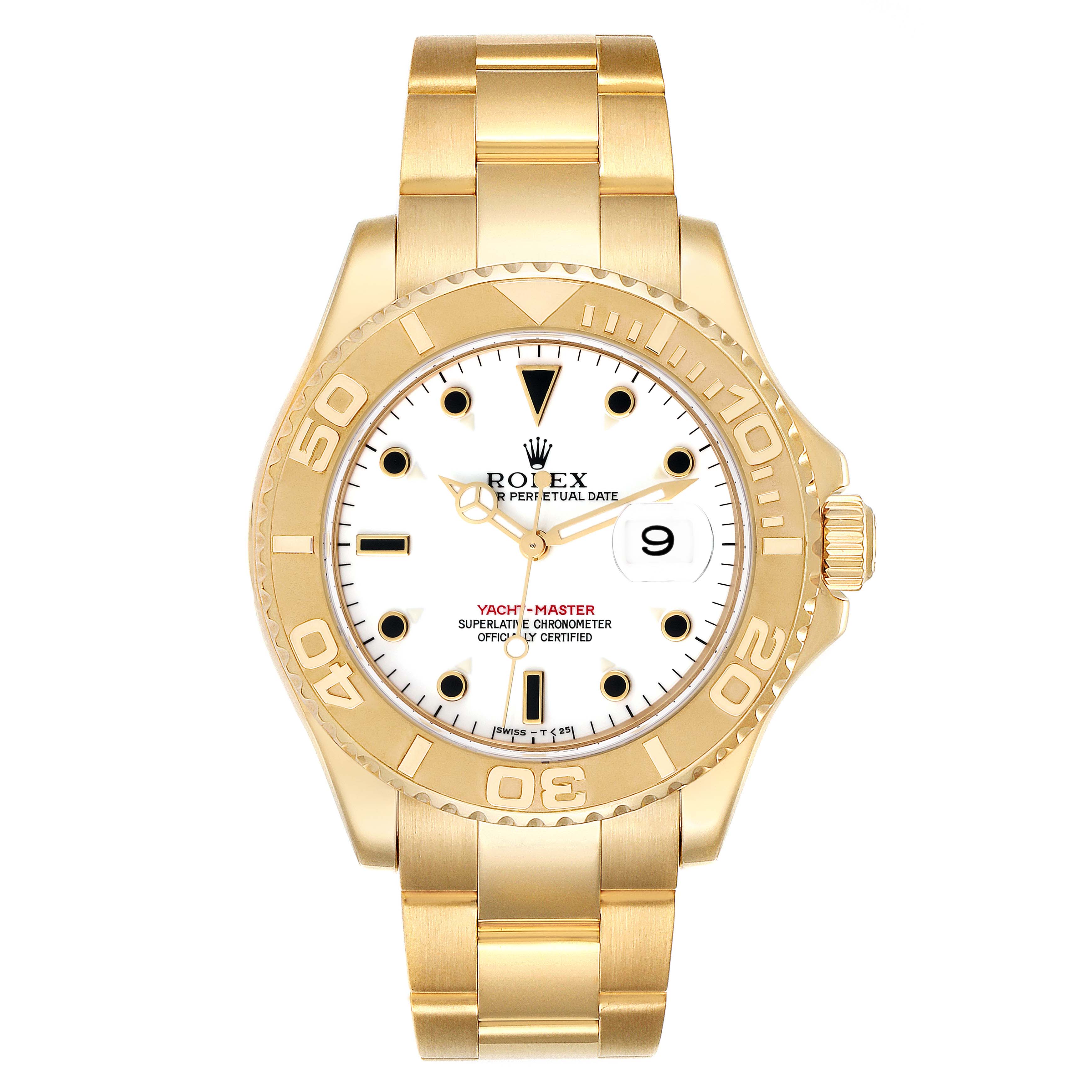 The image shows a Rolex Yacht-Master M16628 Men's Yellow Gold White Dial M16628 Men's Yellow Gold White Dial watch from a front angle, displaying the dial, bezel, and bracelet.