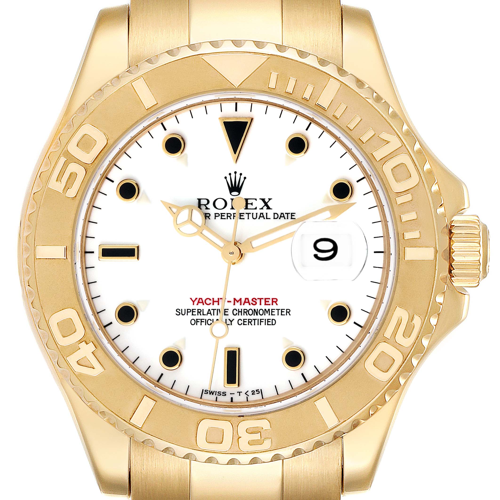 The image shows a front view of a Rolex Yacht-Master M16628 Men's Yellow Gold White Dial M16628 Men's Yellow Gold White Dial watch, highlighting the bezel, crown, dial, and hands.