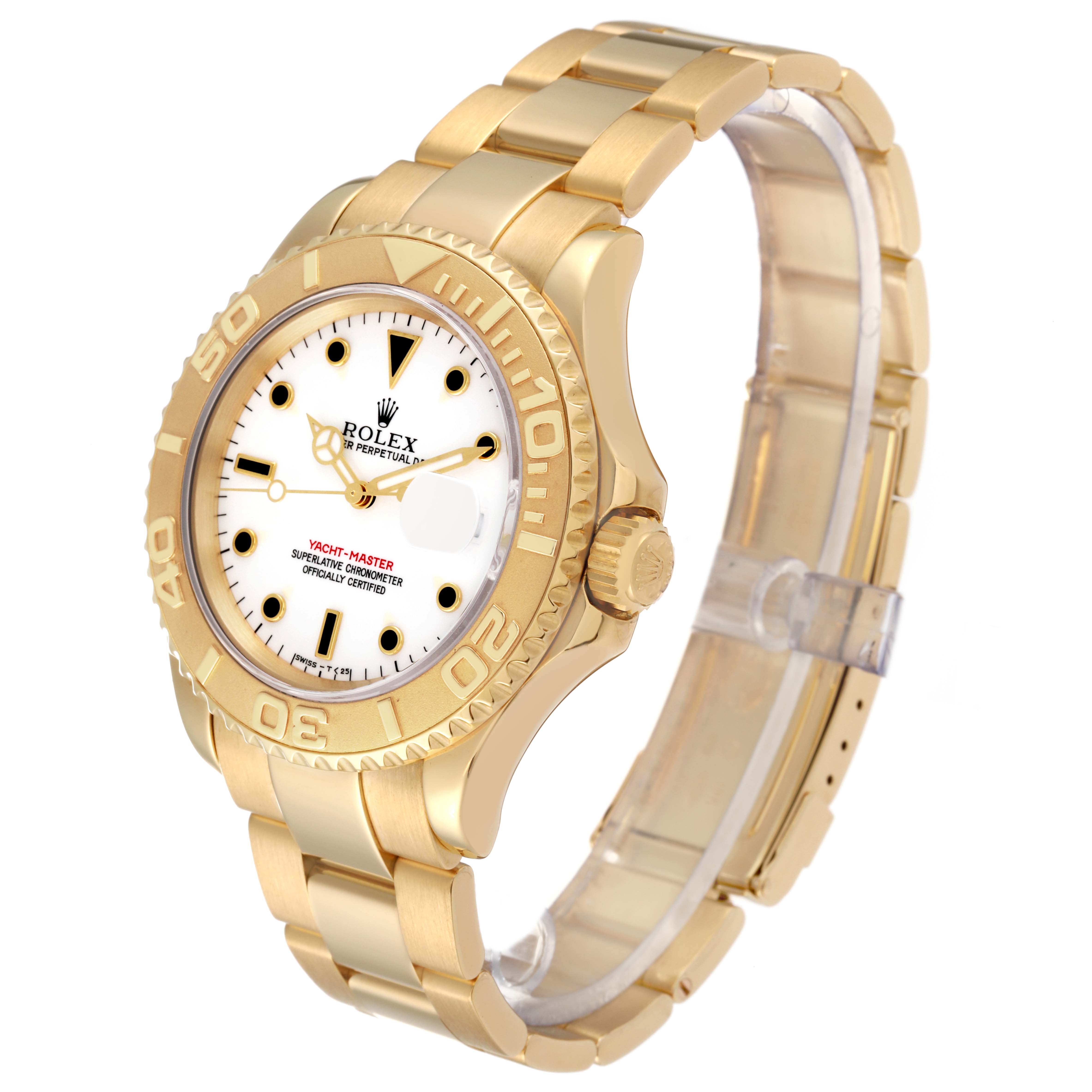 This image shows the Rolex Yacht-Master M16628 Men's Yellow Gold White Dial M16628 Men's Yellow Gold White Dial watch at a 3/4 angle, highlighting its gold case, bezel, band, and crown.
