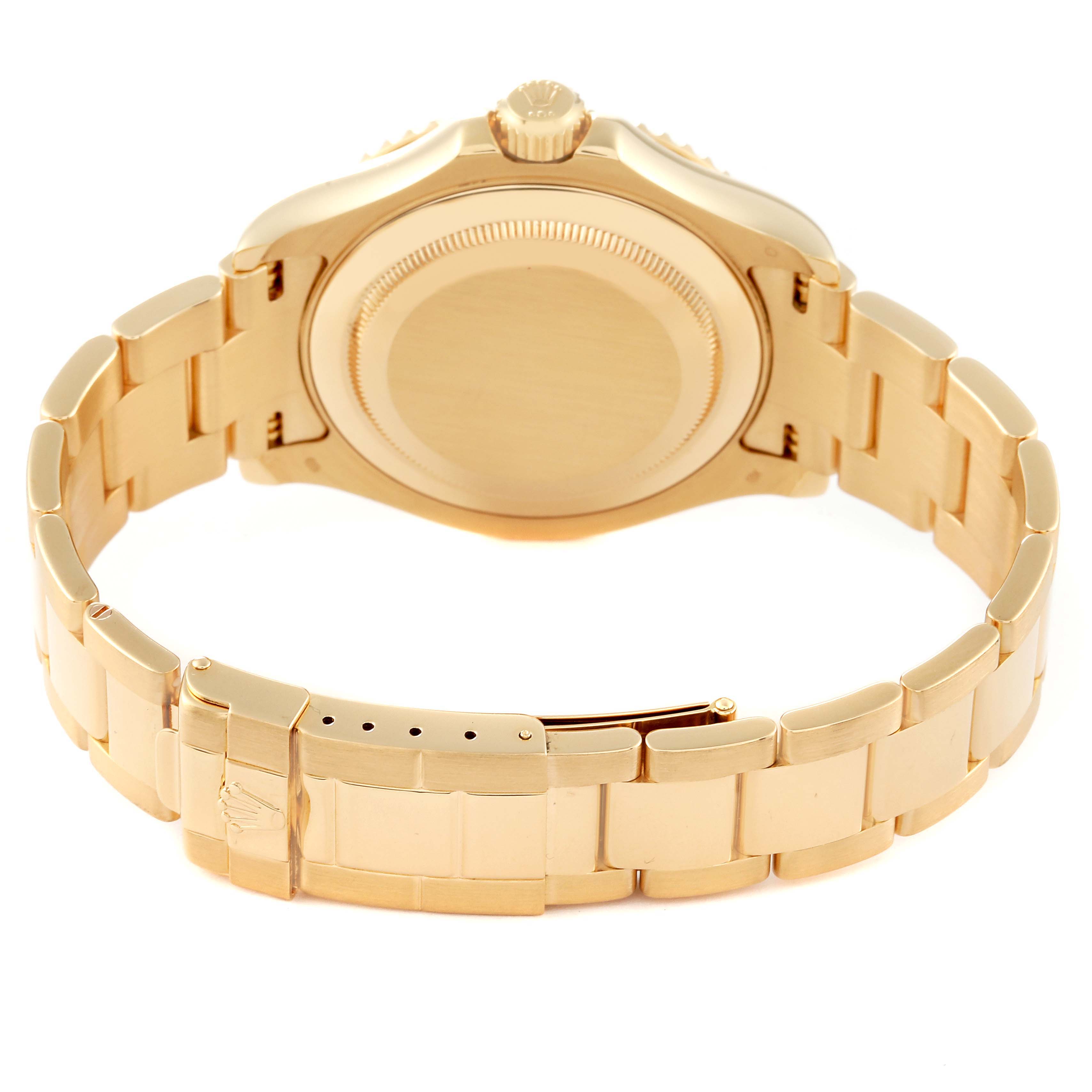 This image shows the back view of a Rolex Yacht-Master M16628 Men's Yellow Gold White Dial M16628 Men's Yellow Gold White Dial watch, highlighting the case back, crown, and bracelet.