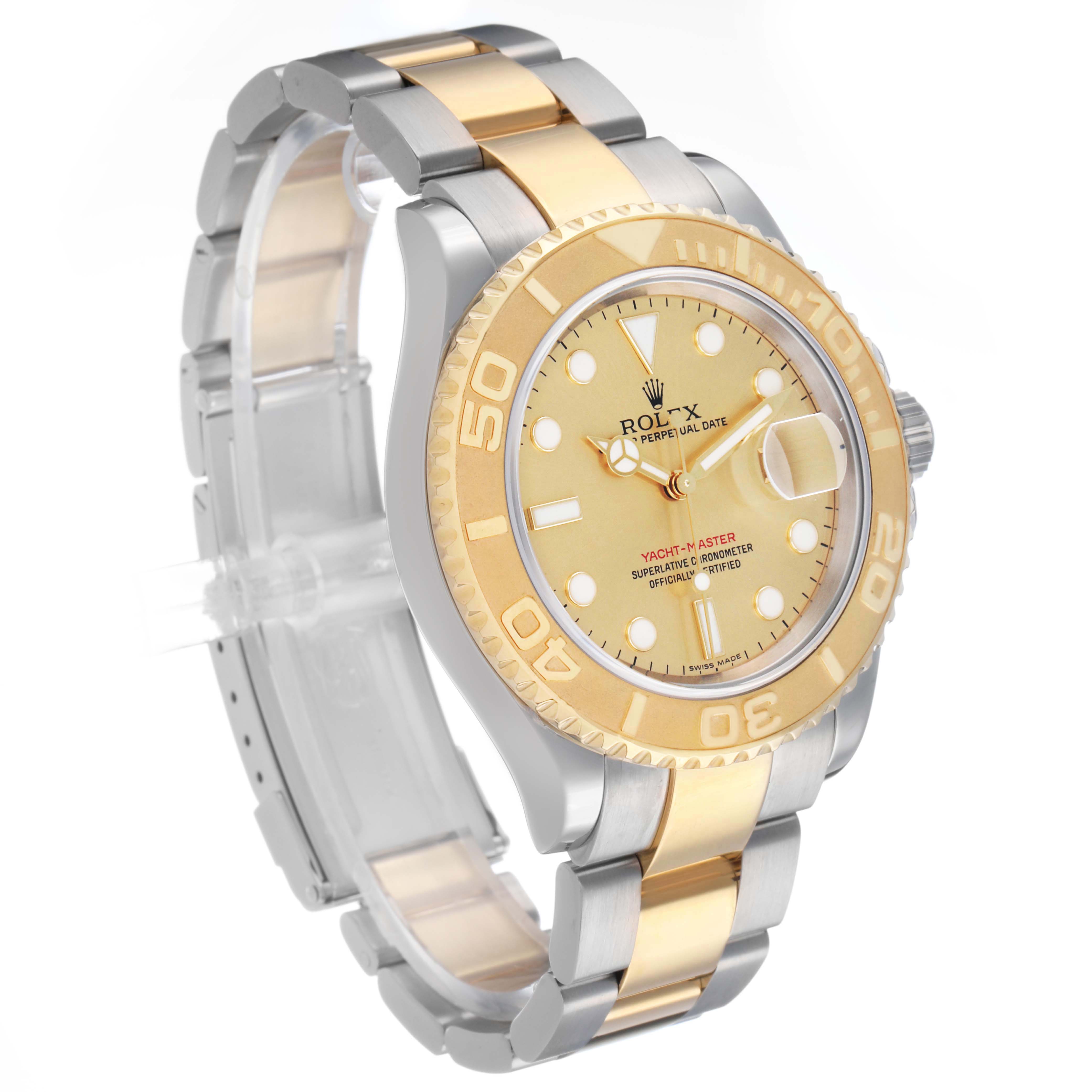 The Rolex Yacht-Master 16623 Men's Steel and Gold (two tone) Champagne Dial watch is shown in a three-quarter view, highlighting the face, bezel, and bracelet.