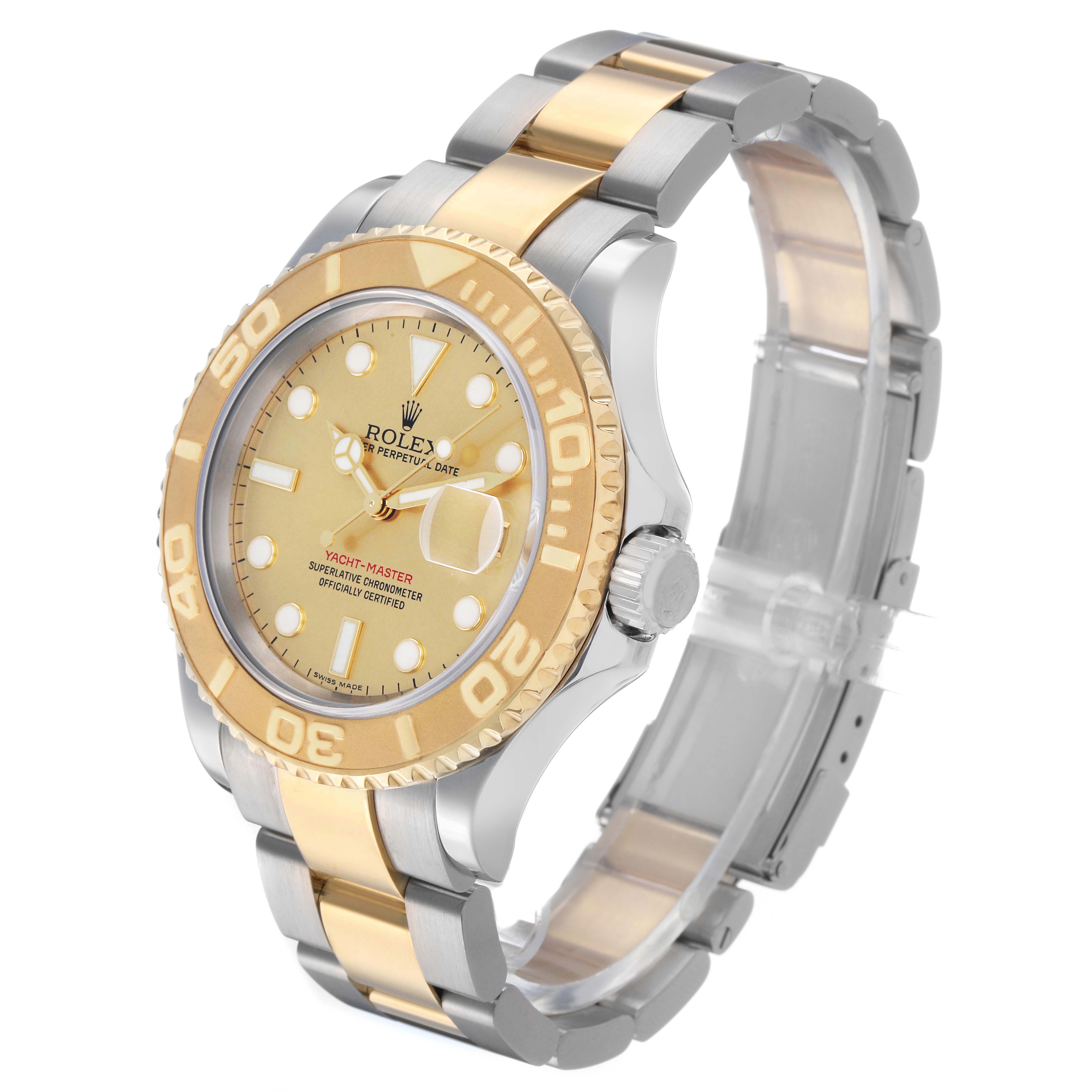 The Rolex Yacht-Master 16623 Men's Steel and Gold (two tone) Champagne Dial watch is shown at a front-side angle, displaying its bezel, dial, markers, and two-tone bracelet.