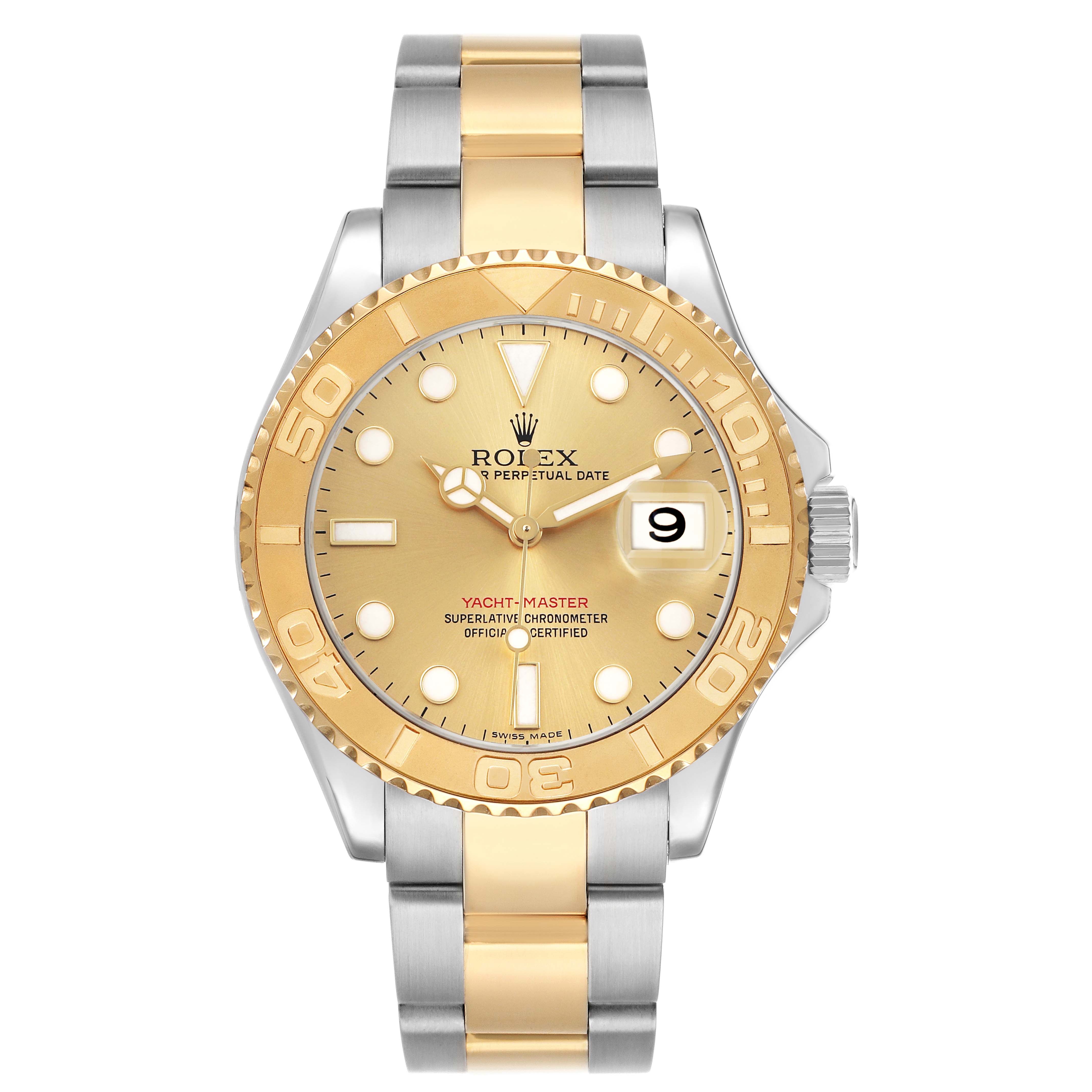 The Rolex Yacht-Master 16623 Men's Steel and Gold (two tone) Champagne Dial watch is shown from the front, featuring its dial, bezel, and two-tone bracelet.