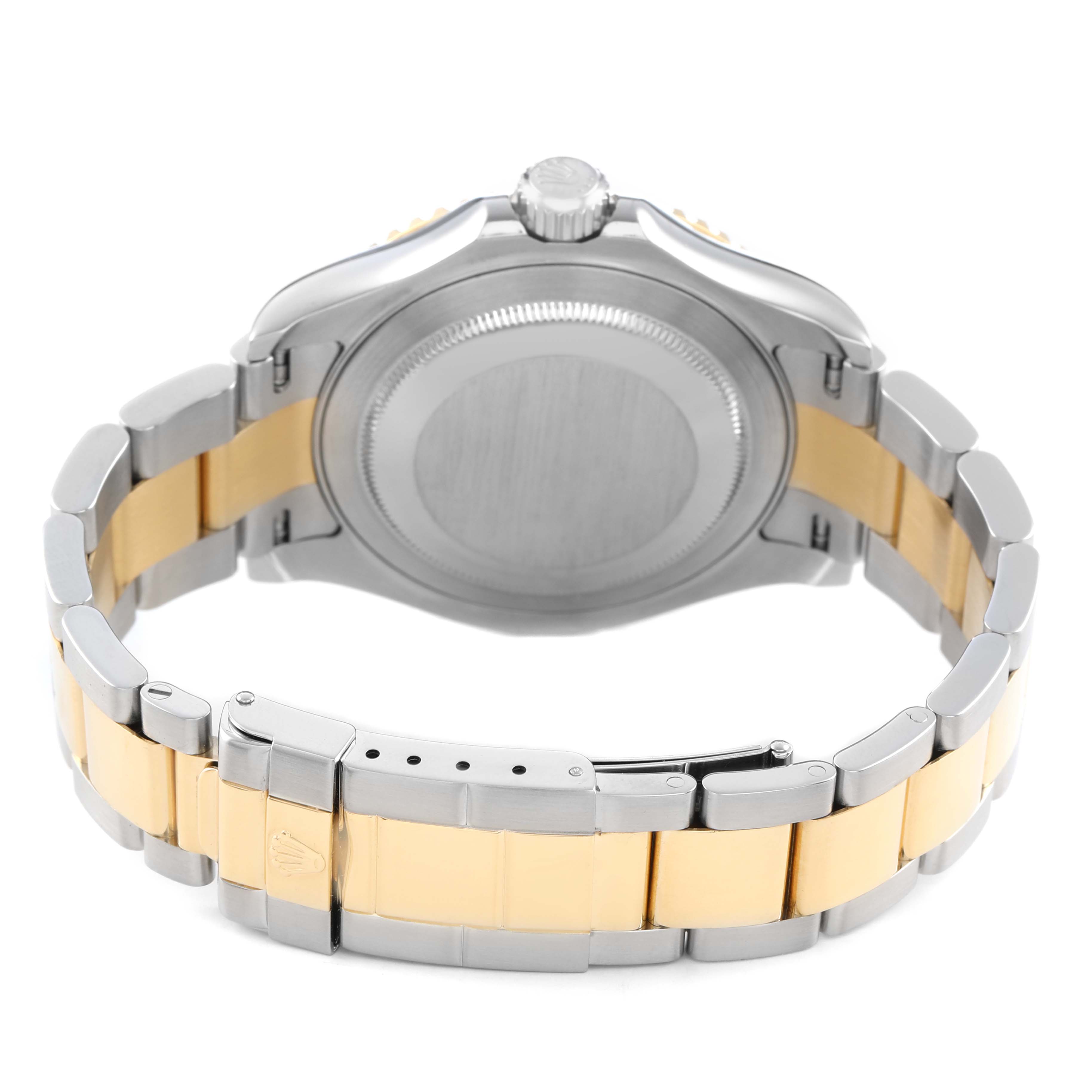 The Rolex Yacht-Master 16623 Men's Steel and Gold (two tone) Champagne Dial watch is shown from the back, displaying the case back and the two-tone bracelet.