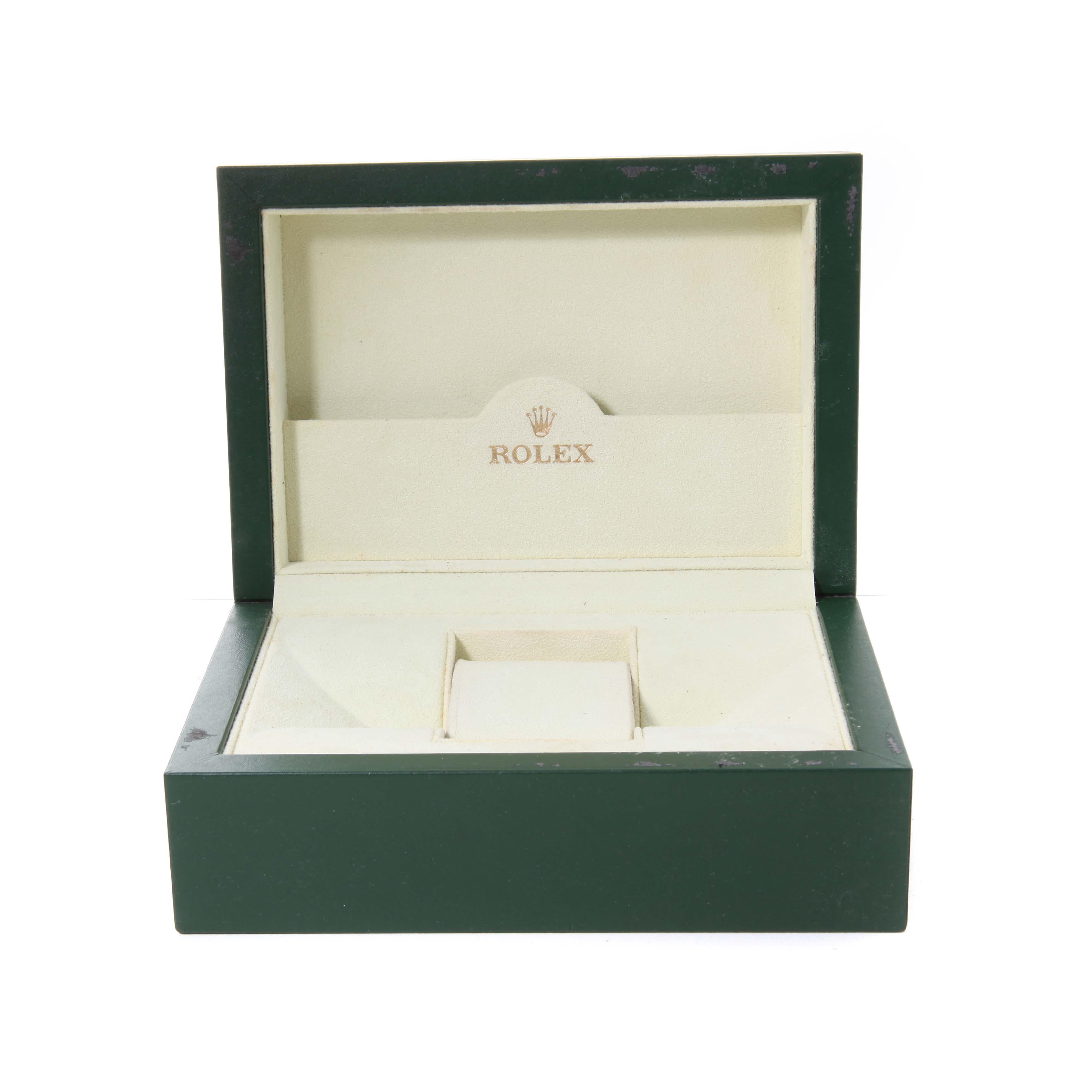 The image shows an open green and cream Rolex box for the Yacht-Master model without the watch inside.