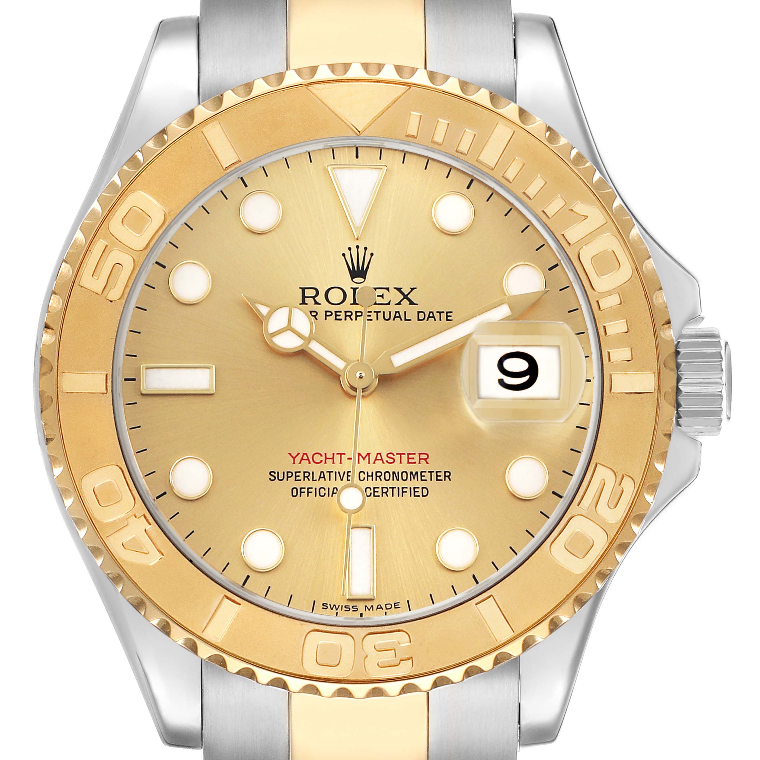 The image shows a front view of the Rolex Yacht-Master 16623 Men's Steel and Gold (two tone) Champagne Dial watch, focusing on the dial, bezel, and crown.