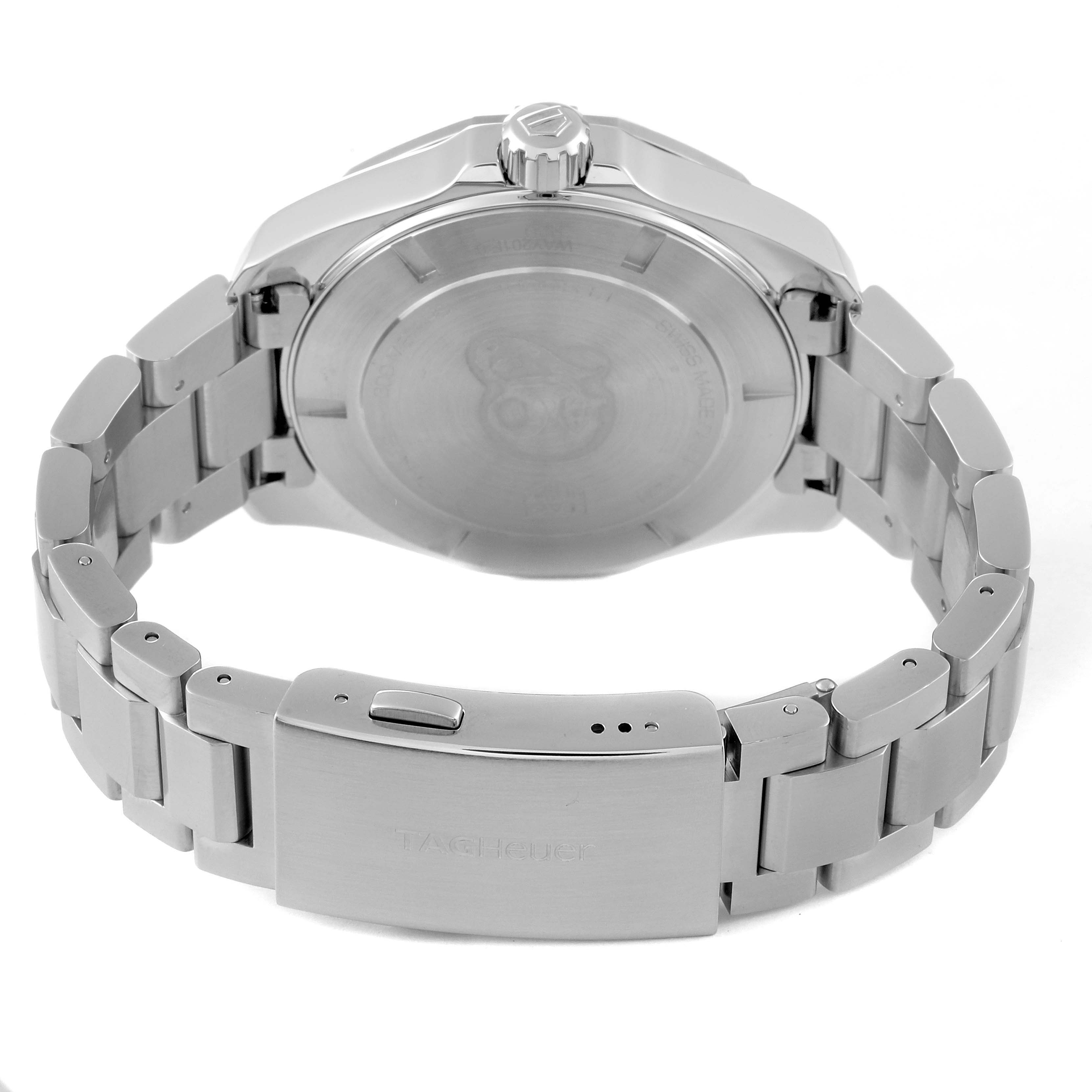 The image shows the back view of a Tag Heuer Aquaracer WAY201F.BA0927 Men's Stainless Steel Black Dial WAY201F.BA0927 Men's Stainless Steel Black Dial watch, highlighting the case back and stainless steel bracelet with clasp.