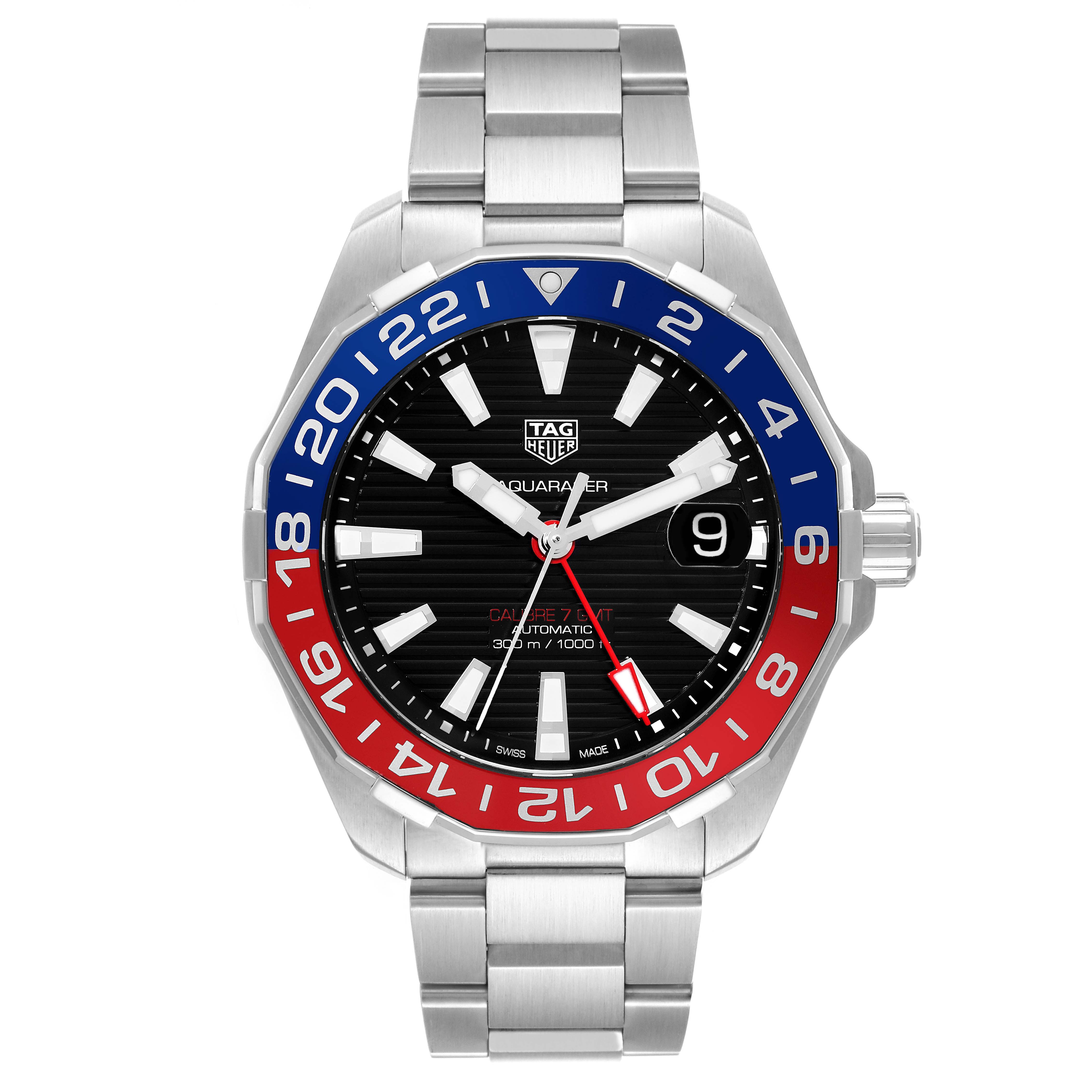 The Tag Heuer Aquaracer WAY201F.BA0927 Men's Stainless Steel Black Dial WAY201F.BA0927 Men's Stainless Steel Black Dial watch is shown from a front angle, highlighting the dial, bezel, and stainless steel bracelet.