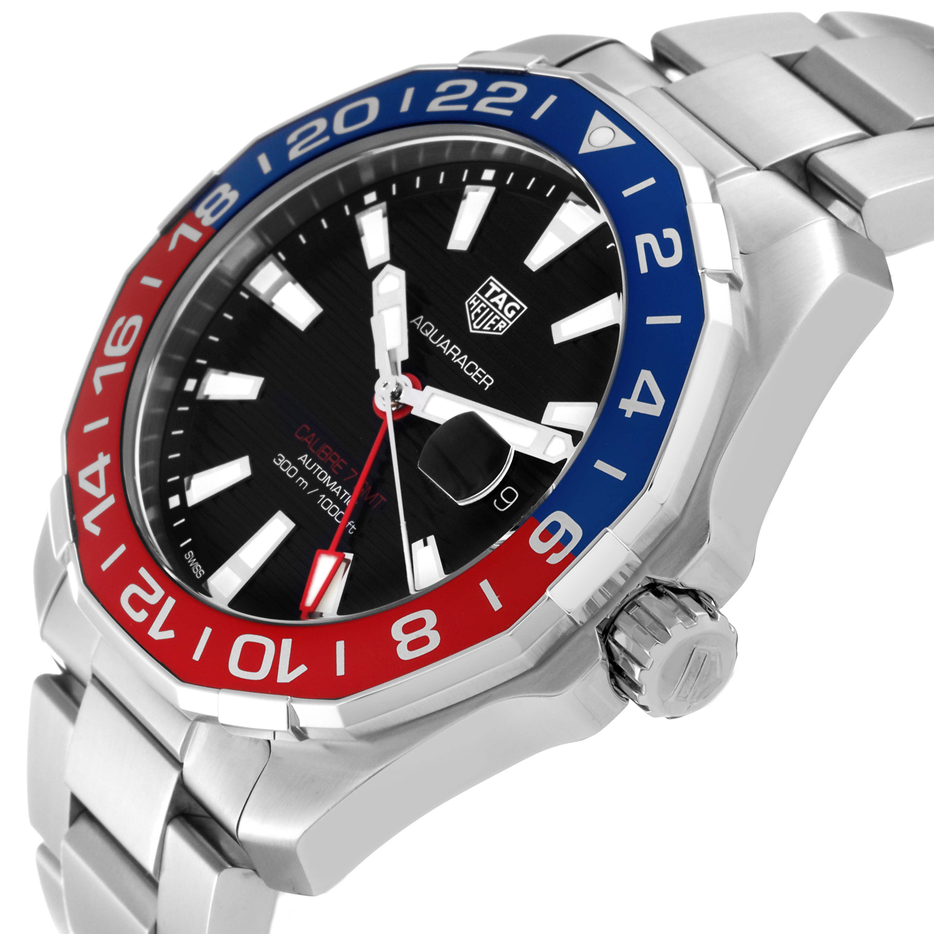 The image shows a Tag Heuer Aquaracer WAY201F.BA0927 Men's Stainless Steel Black Dial WAY201F.BA0927 Men's Stainless Steel Black Dial watch at an angled side view, highlighting its bezel, dial, and crown.