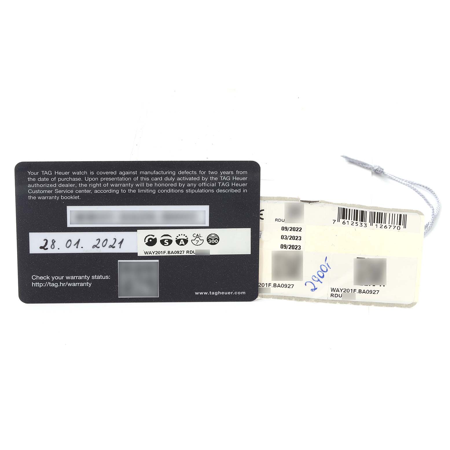 The image shows a warranty card and tags for a Tag Heuer Aquaracer WAY201F.BA0927 Men's Stainless Steel Black Dial WAY201F.BA0927 Men's Stainless Steel Black Dial model watch, including model number and purchase date.