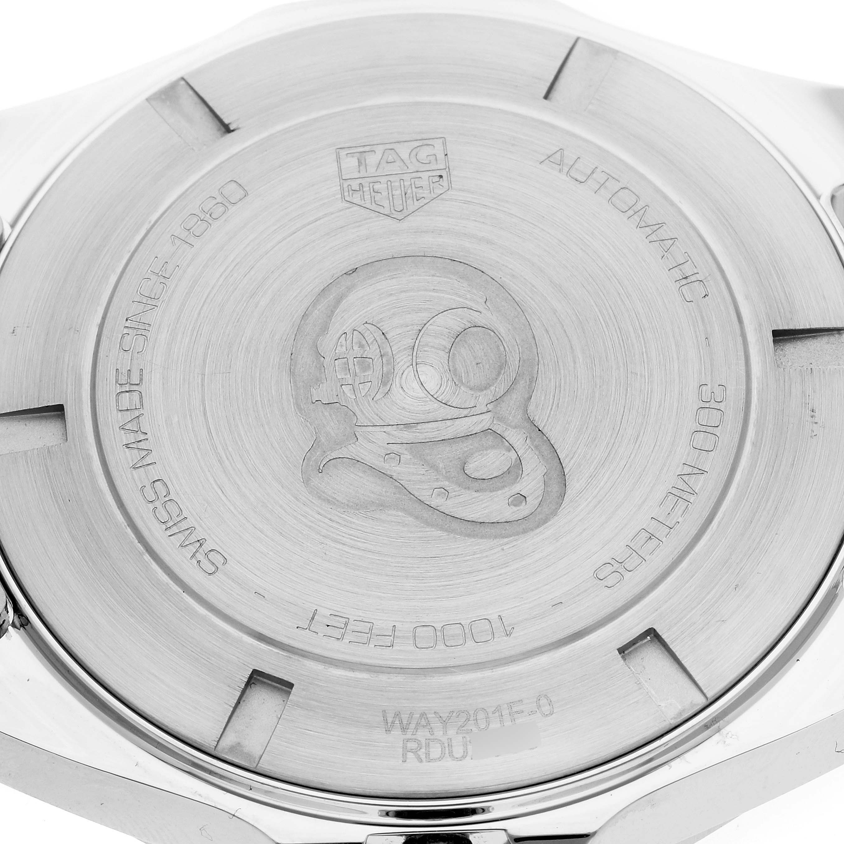 The image shows the back case of the Tag Heuer Aquaracer WAY201F.BA0927 Men's Stainless Steel Black Dial WAY201F.BA0927 Men's Stainless Steel Black Dial watch, highlighting the brand logo, model details, and water resistance.