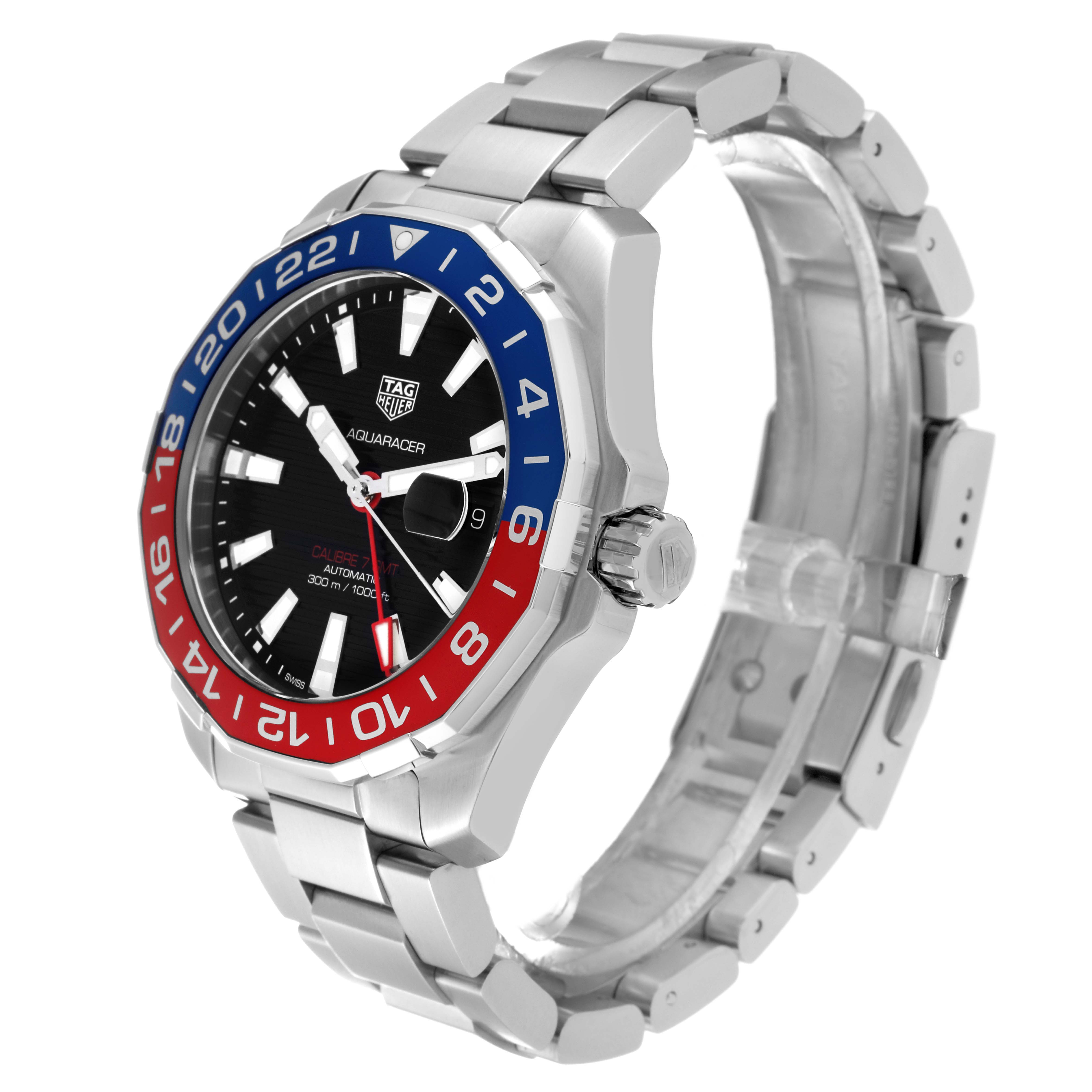 The image shows a Tag Heuer Aquaracer WAY201F.BA0927 Men's Stainless Steel Black Dial WAY201F.BA0927 Men's Stainless Steel Black Dial watch from an angled side view, highlighting its bezel, dial, case, and bracelet.
