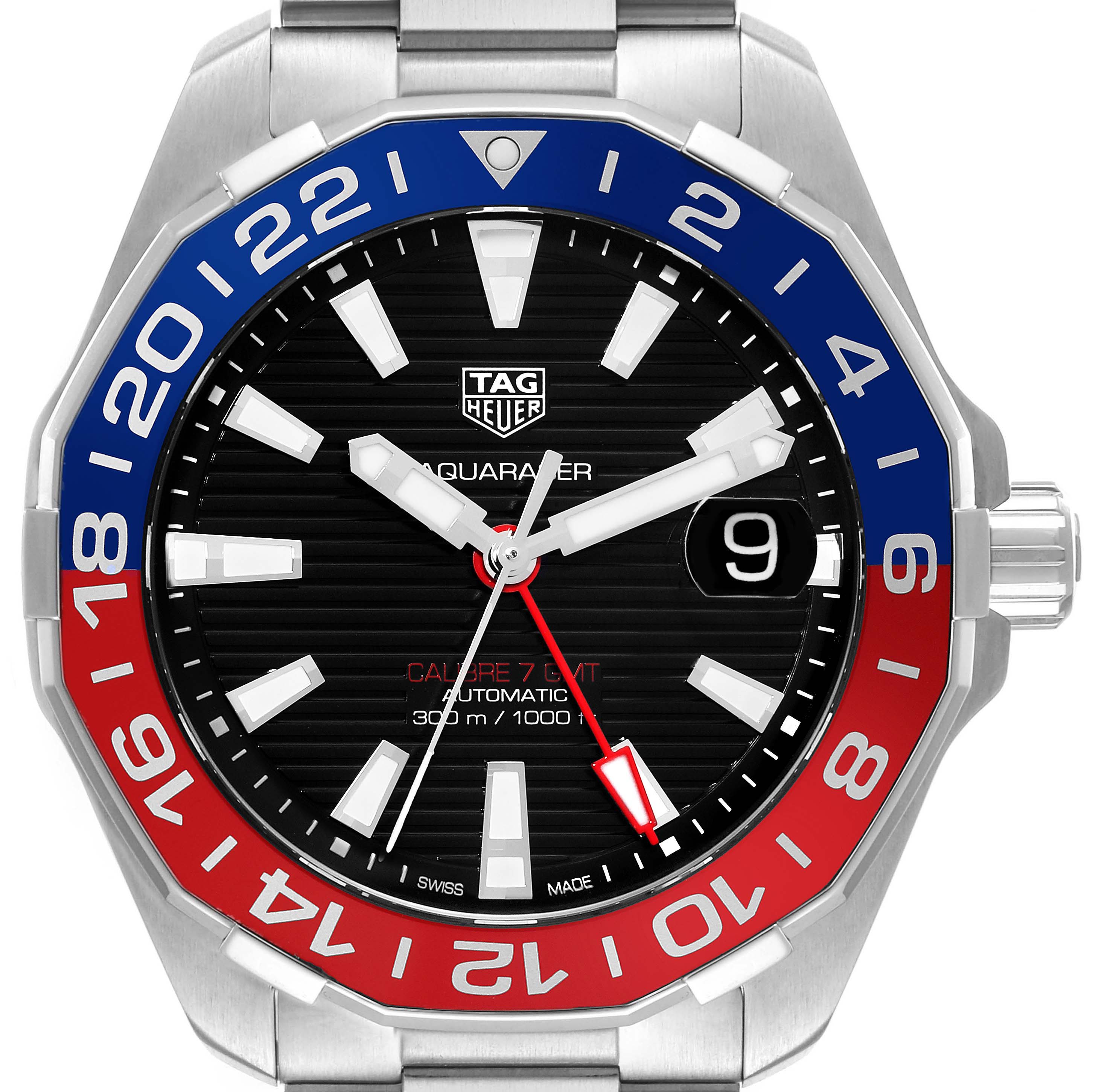 The image shows a front view of the Tag Heuer Aquaracer WAY201F.BA0927 Men's Stainless Steel Black Dial WAY201F.BA0927 Men's Stainless Steel Black Dial watch featuring a black dial, red and blue bezel, and stainless steel bracelet.