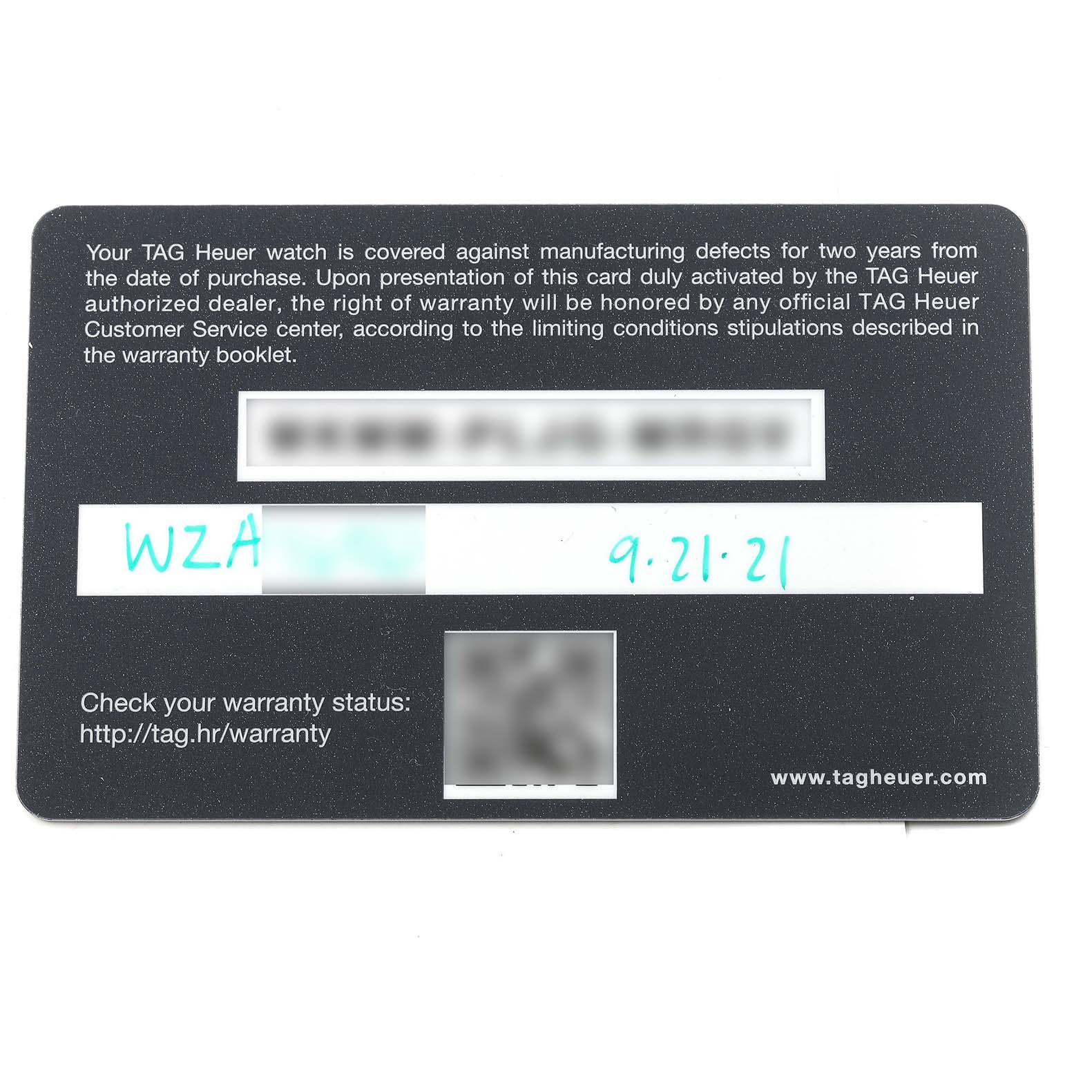 This image shows the warranty card for a Tag Heuer Carrera CBK221C.FC6488 Men's Stainless Steel White Dial CBK221C.FC6488 Men's Stainless Steel White Dial watch with warranty details and a URL for checking warranty status.