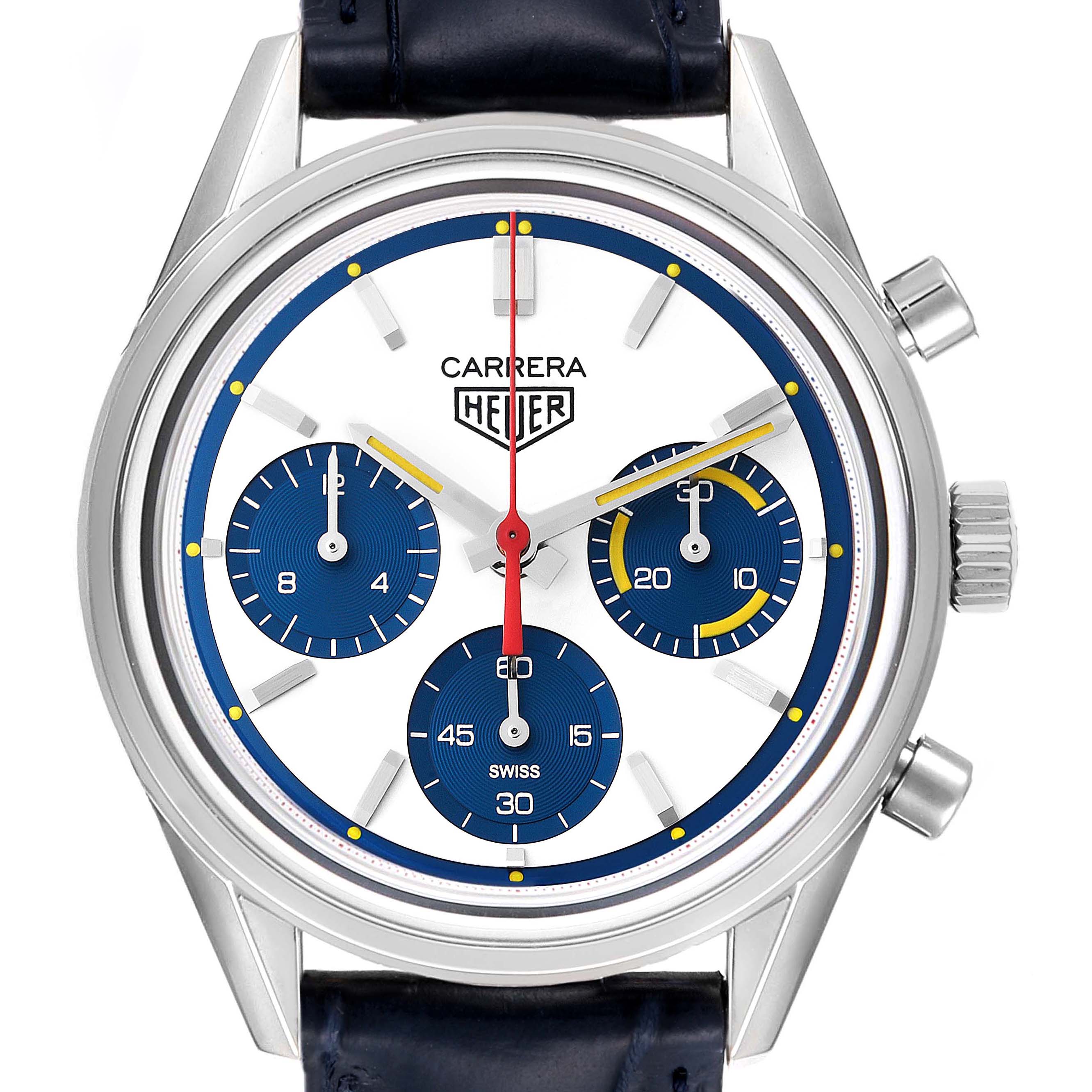 The Tag Heuer Carrera CBK221C.FC6488 Men's Stainless Steel White Dial CBK221C.FC6488 Men's Stainless Steel White Dial watch is shown from a front angle, featuring its dial, subdials, bezel, and crown.