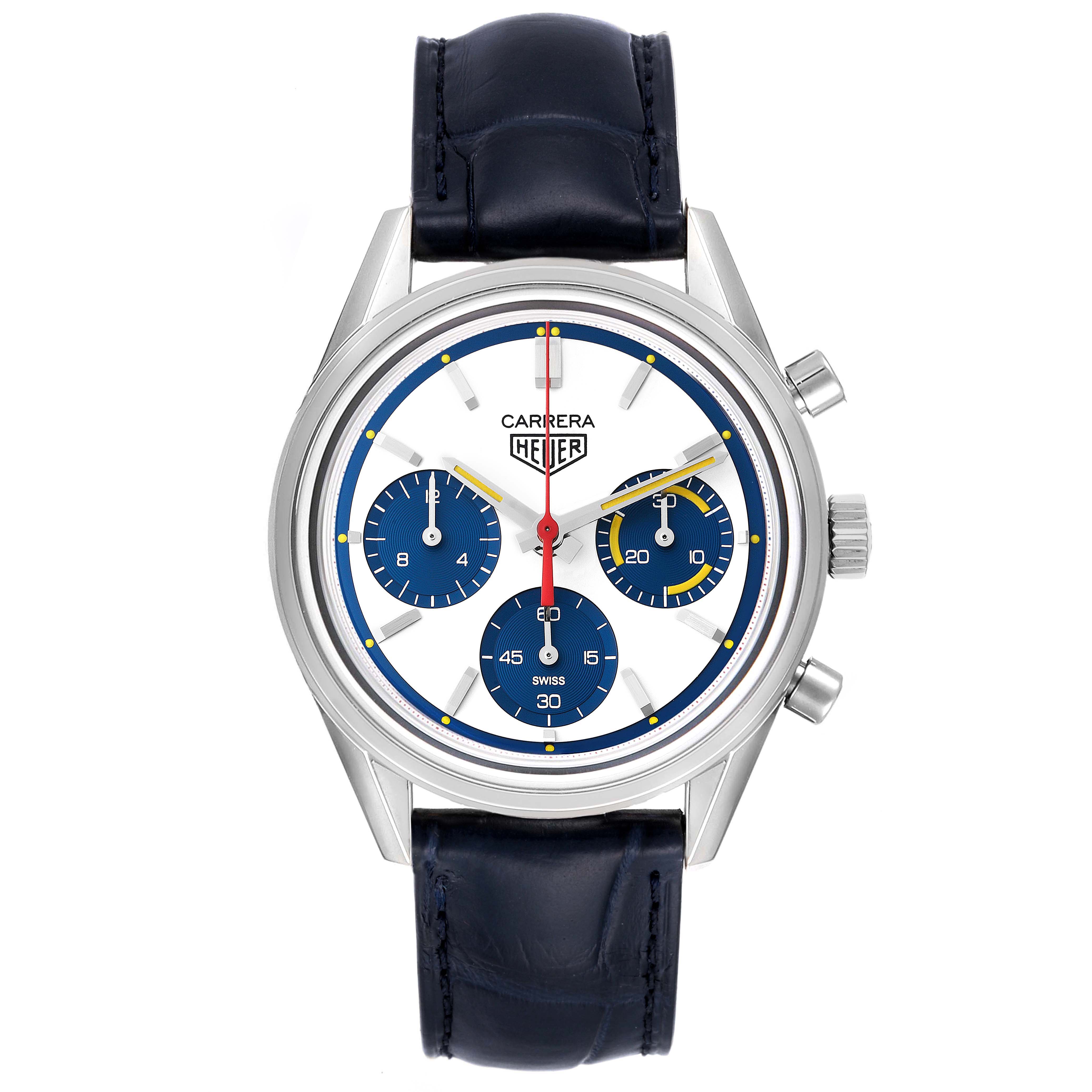 The image shows a front view of the Tag Heuer Carrera CBK221C.FC6488 Men's Stainless Steel White Dial CBK221C.FC6488 Men's Stainless Steel White Dial watch, displaying its face, bezel, and leather strap.