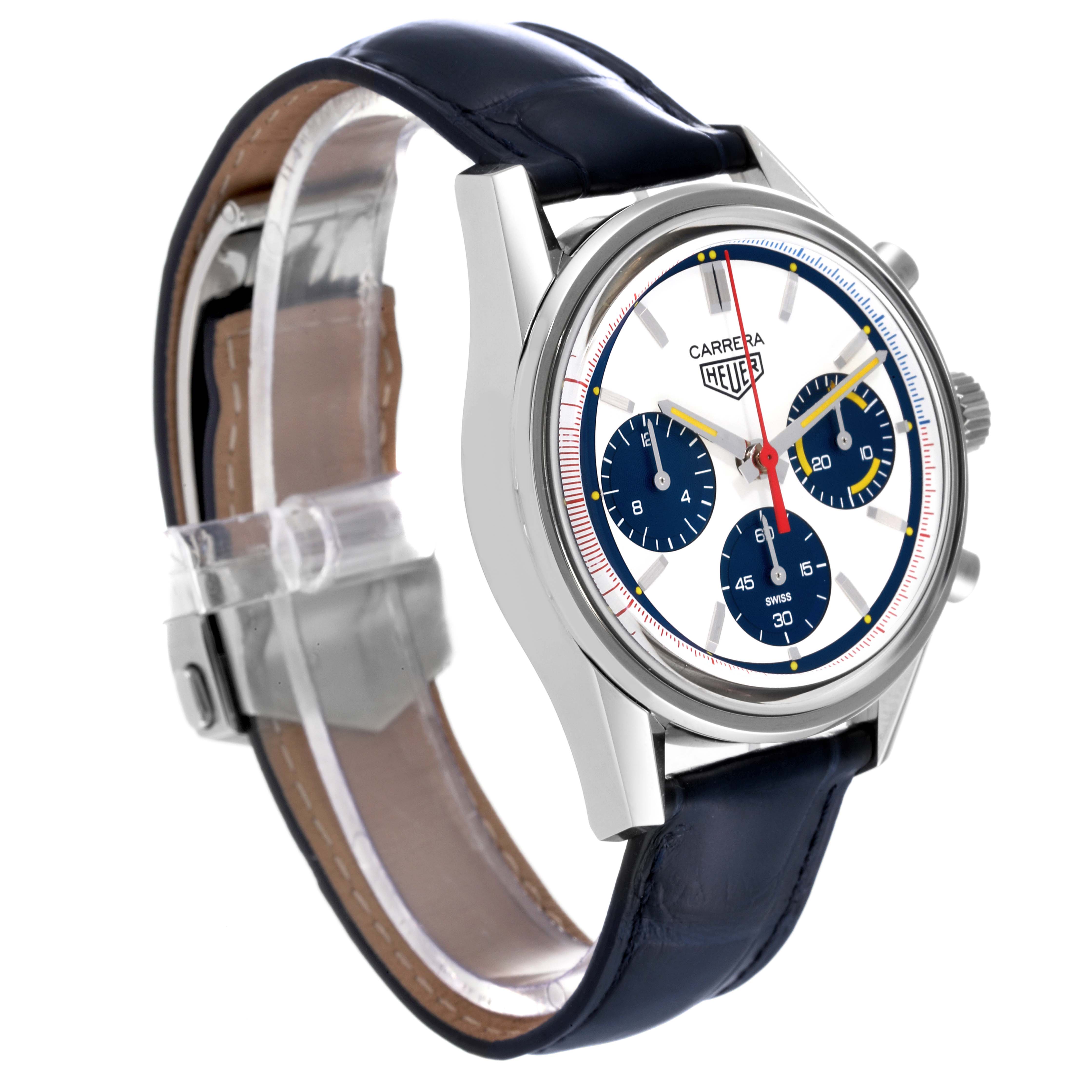 The Carrera by Tag Heuer watch is shown from an angled side view, highlighting its face, crown, and leather strap.