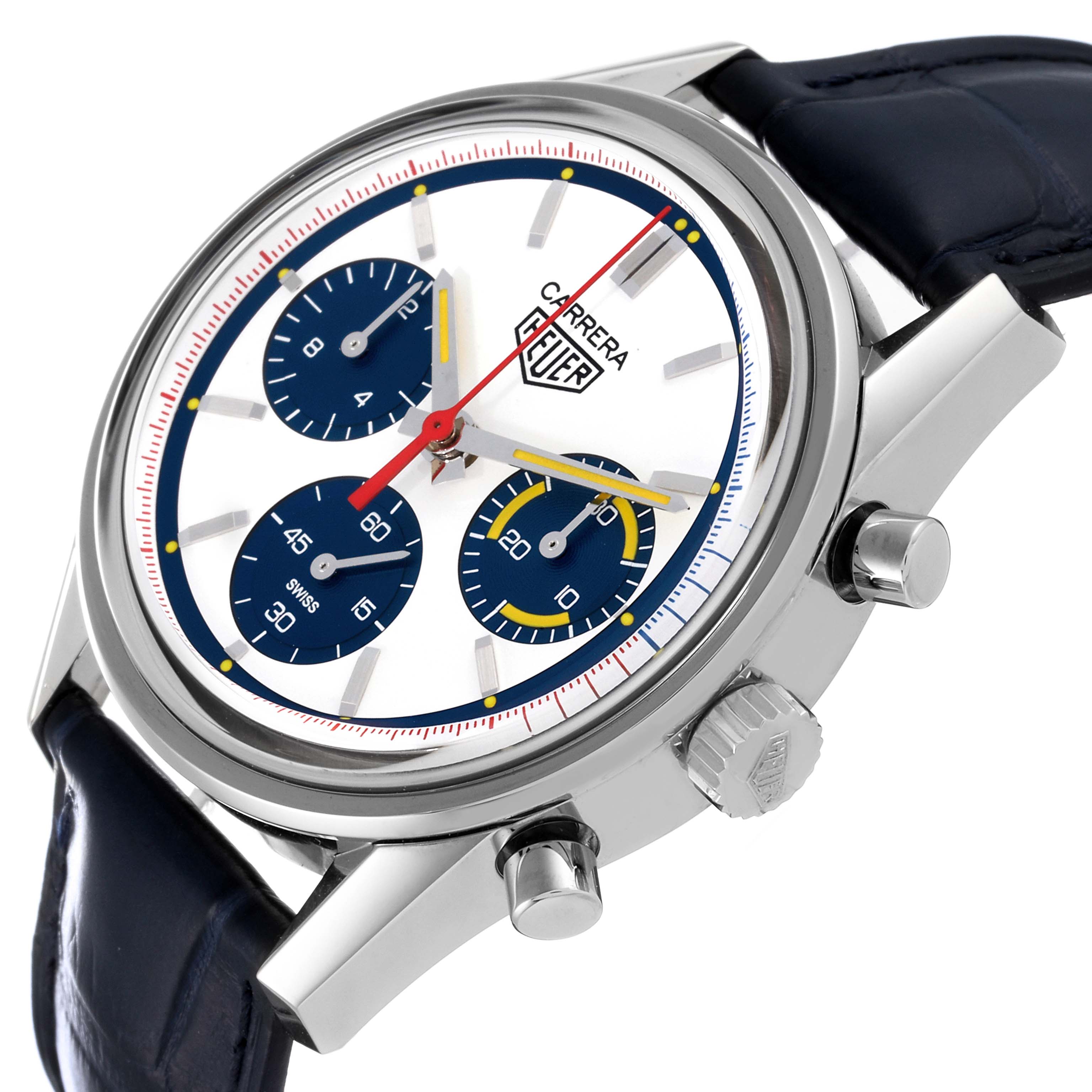 This image shows a Tag Heuer Carrera CBK221C.FC6488 Men's Stainless Steel White Dial CBK221C.FC6488 Men's Stainless Steel White Dial watch at an angle highlighting the face, crown, pushers, and part of the leather strap.