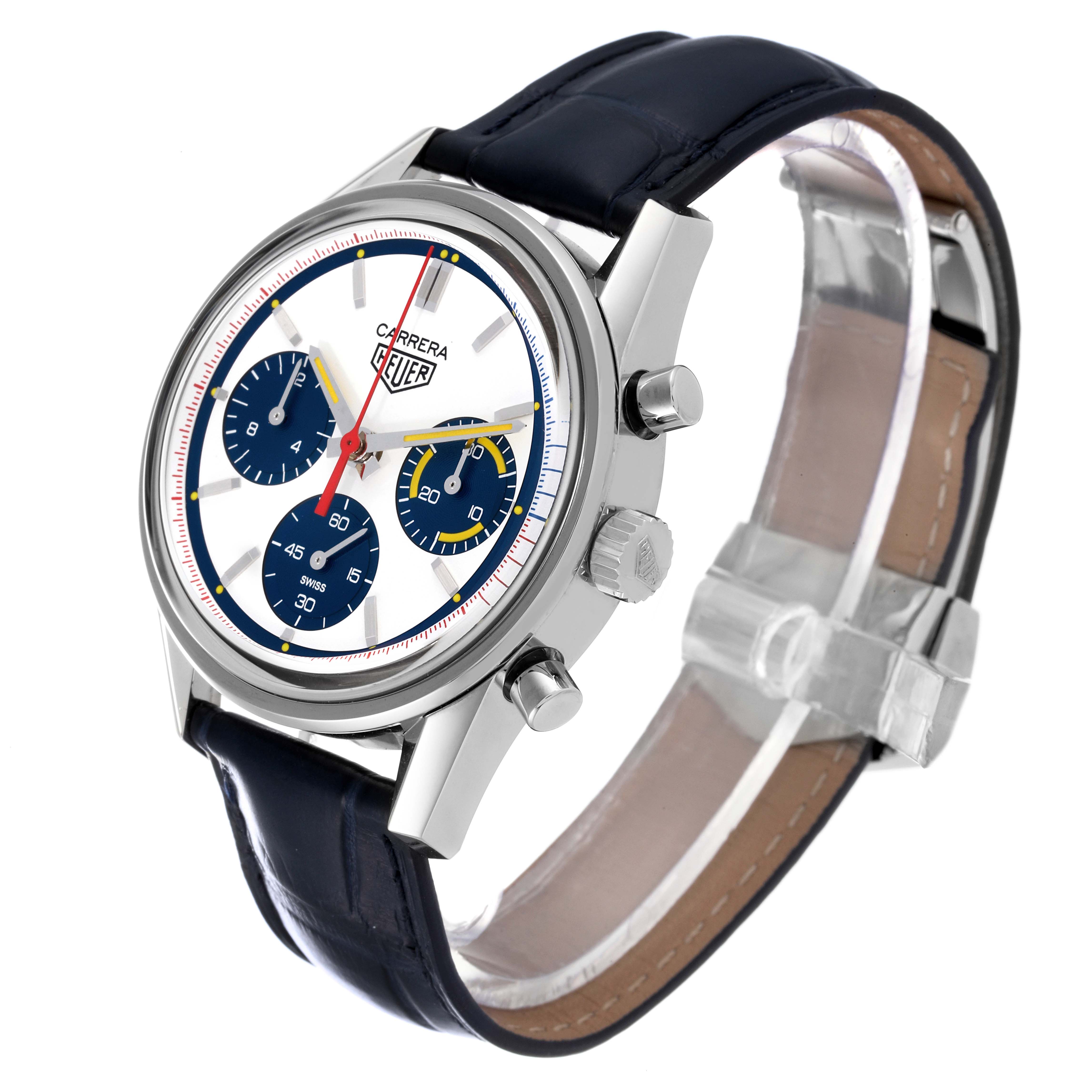 The Tag Heuer Carrera CBK221C.FC6488 Men's Stainless Steel White Dial CBK221C.FC6488 Men's Stainless Steel White Dial watch is shown at an oblique angle, displaying the face, side buttons, and black leather strap.