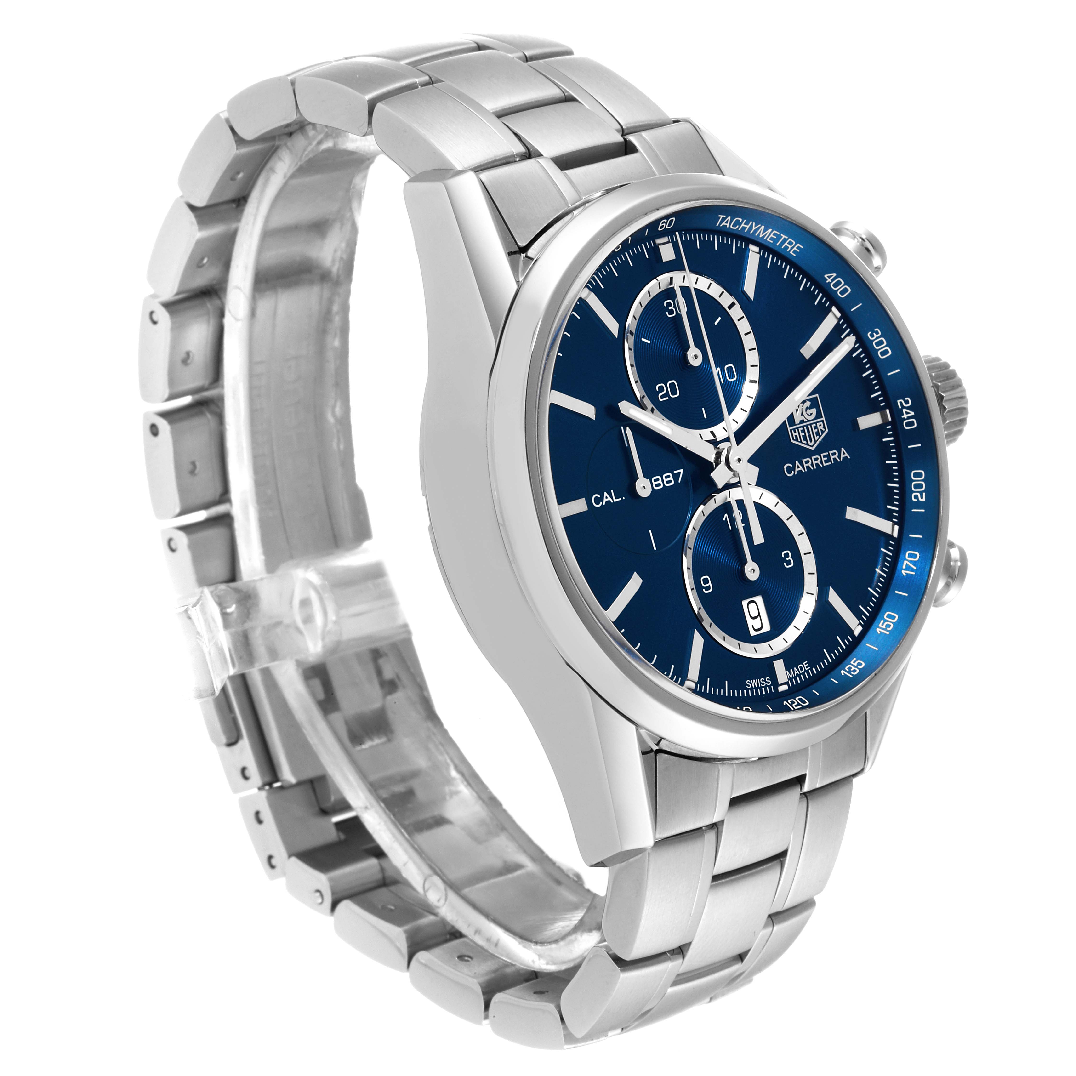The image shows a Tag Heuer Carrera CAR2115 Men's Stainless Steel Blue Dial CAR2115 Men's Stainless Steel Blue Dial watch with a blue dial, tachymeter, and metal bracelet from a three-quarter side angle.