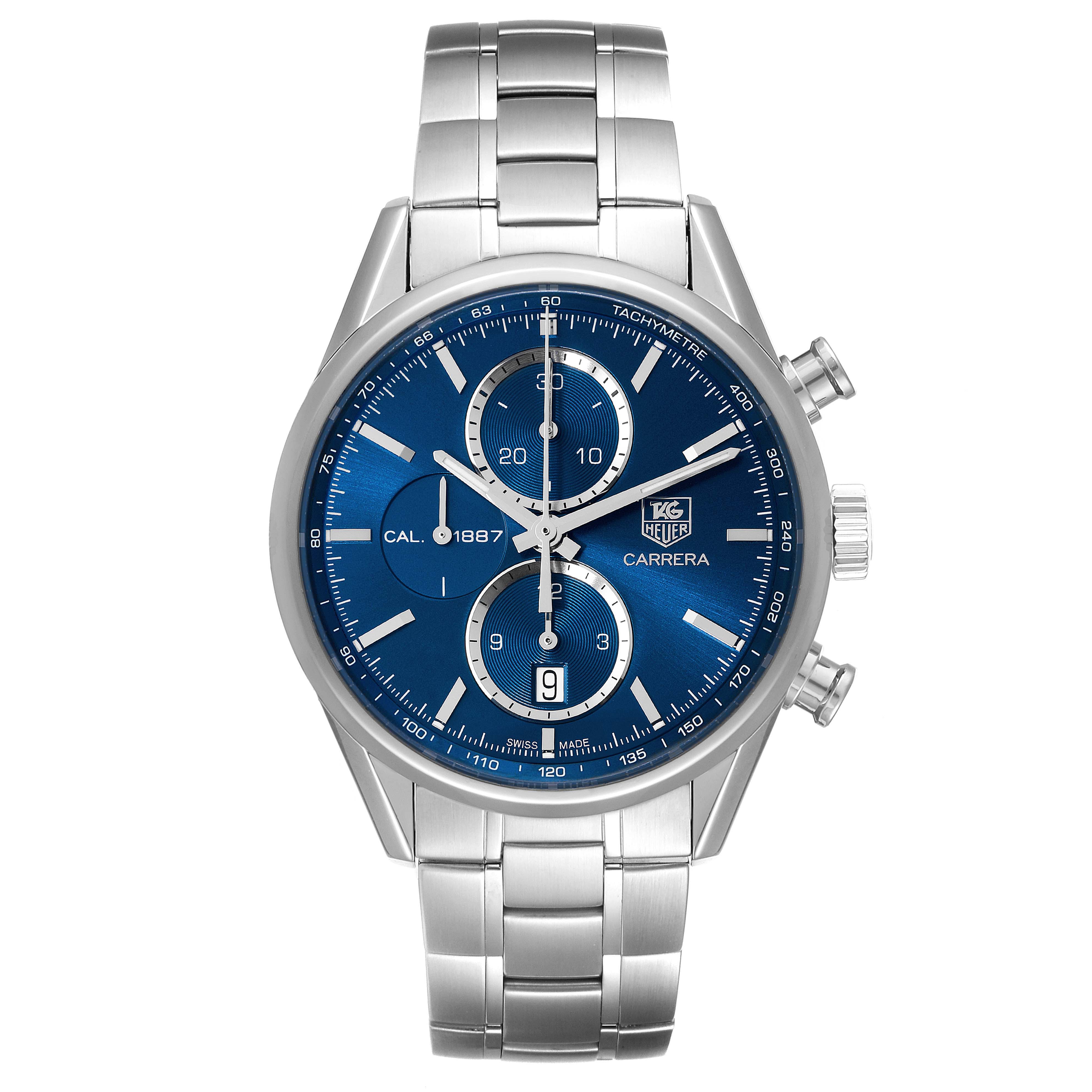 The image shows a front view of a Tag Heuer Carrera CAR2115 Men's Stainless Steel Blue Dial CAR2115 Men's Stainless Steel Blue Dial watch with a silver band and blue dial.