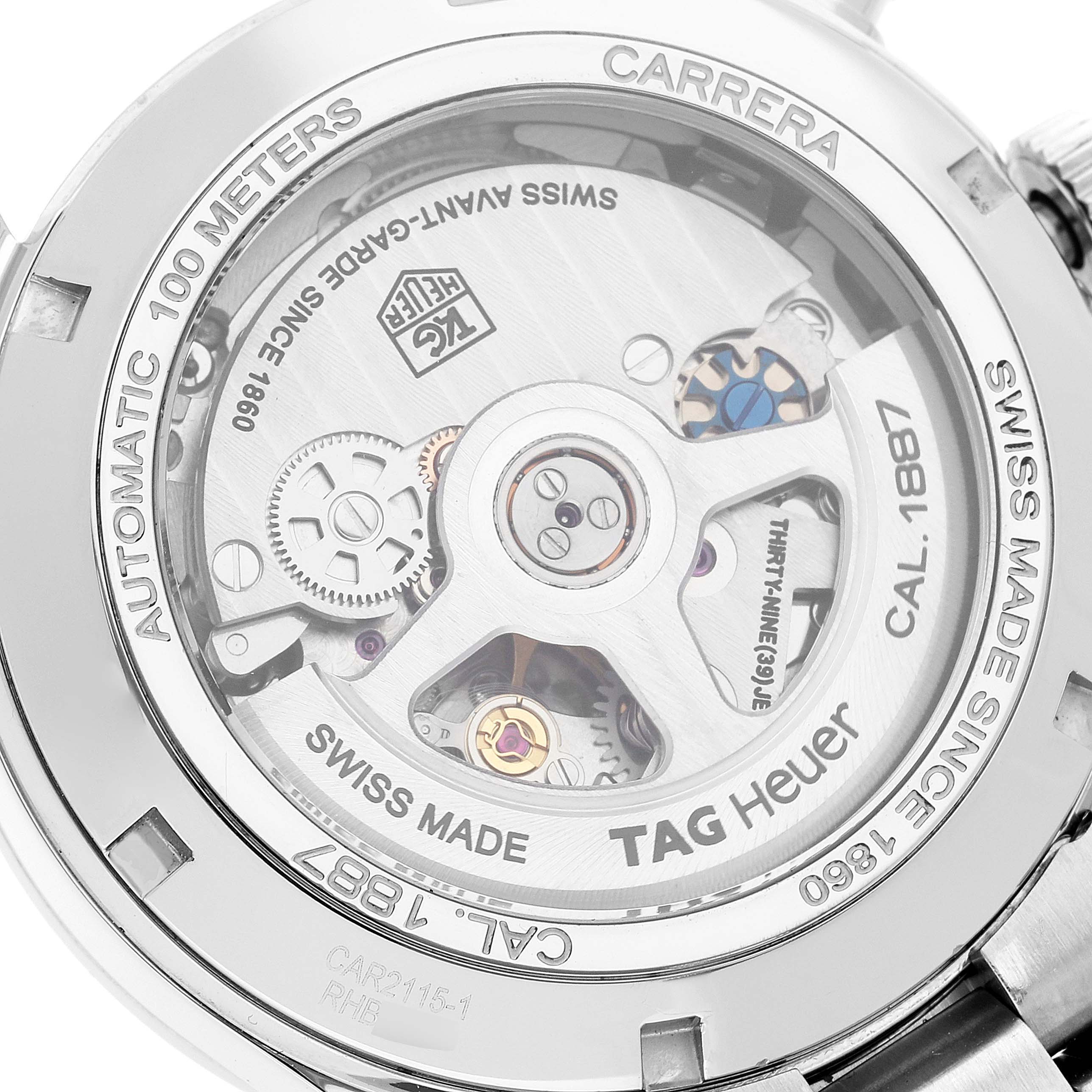The image shows the back view of a Tag Heuer Carrera CAR2115 Men's Stainless Steel Blue Dial CAR2115 Men's Stainless Steel Blue Dial watch, highlighting its automatic movement mechanism.