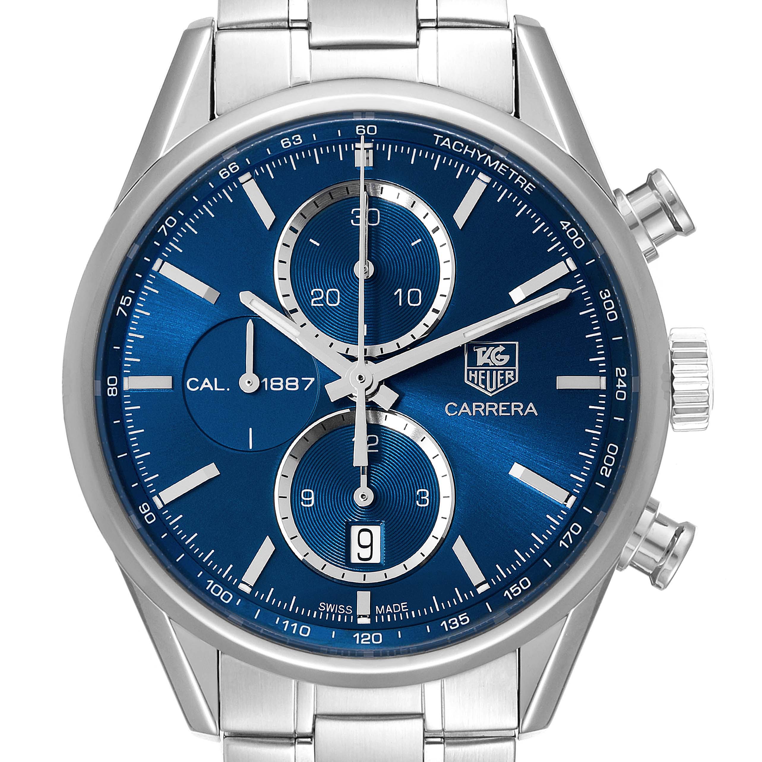 The image shows a front view of the Tag Heuer Carrera CAR2115 Men's Stainless Steel Blue Dial CAR2115 Men's Stainless Steel Blue Dial watch, highlighting its blue dial, chronograph subdials, and tachymeter scale.