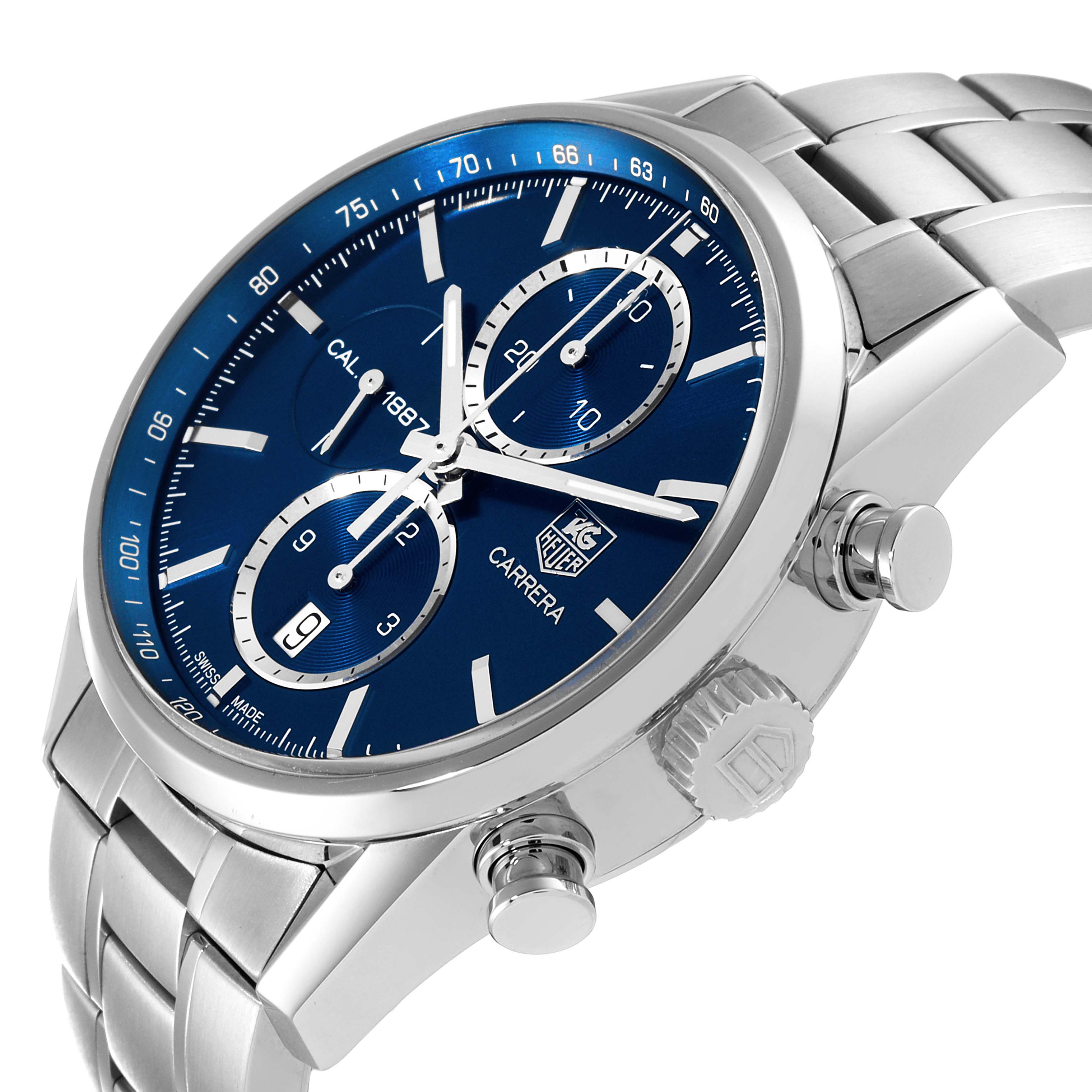 This image shows a close-up side view of a Tag Heuer Carrera CAR2115 Men's Stainless Steel Blue Dial CAR2115 Men's Stainless Steel Blue Dial watch, highlighting the blue dial, chronograph subdials, and stainless steel bracelet.