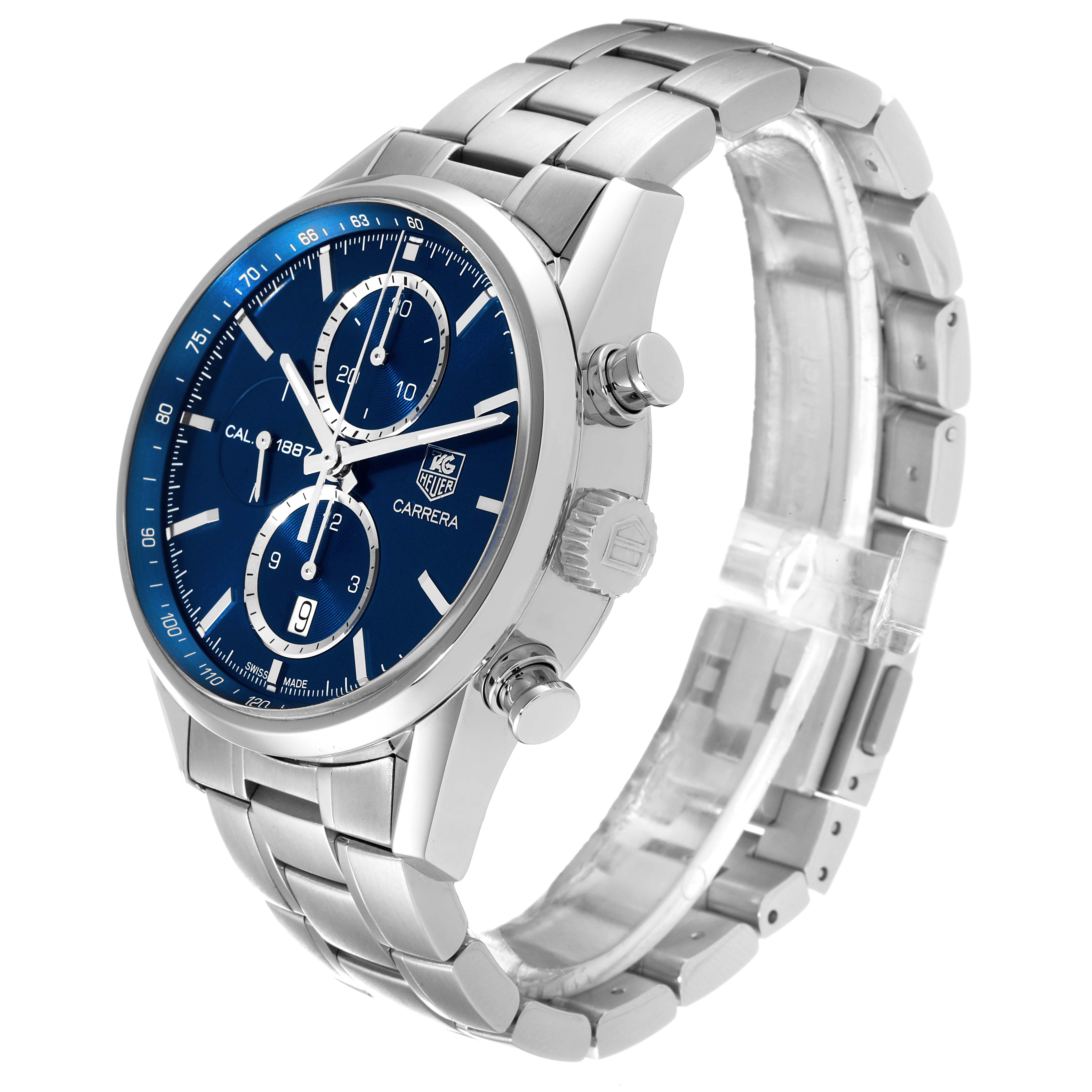 The image shows a side angle of the Tag Heuer Carrera CAR2115 Men's Stainless Steel Blue Dial CAR2115 Men's Stainless Steel Blue Dial watch, highlighting the blue dial, chronograph sub-dials, and stainless steel bracelet.