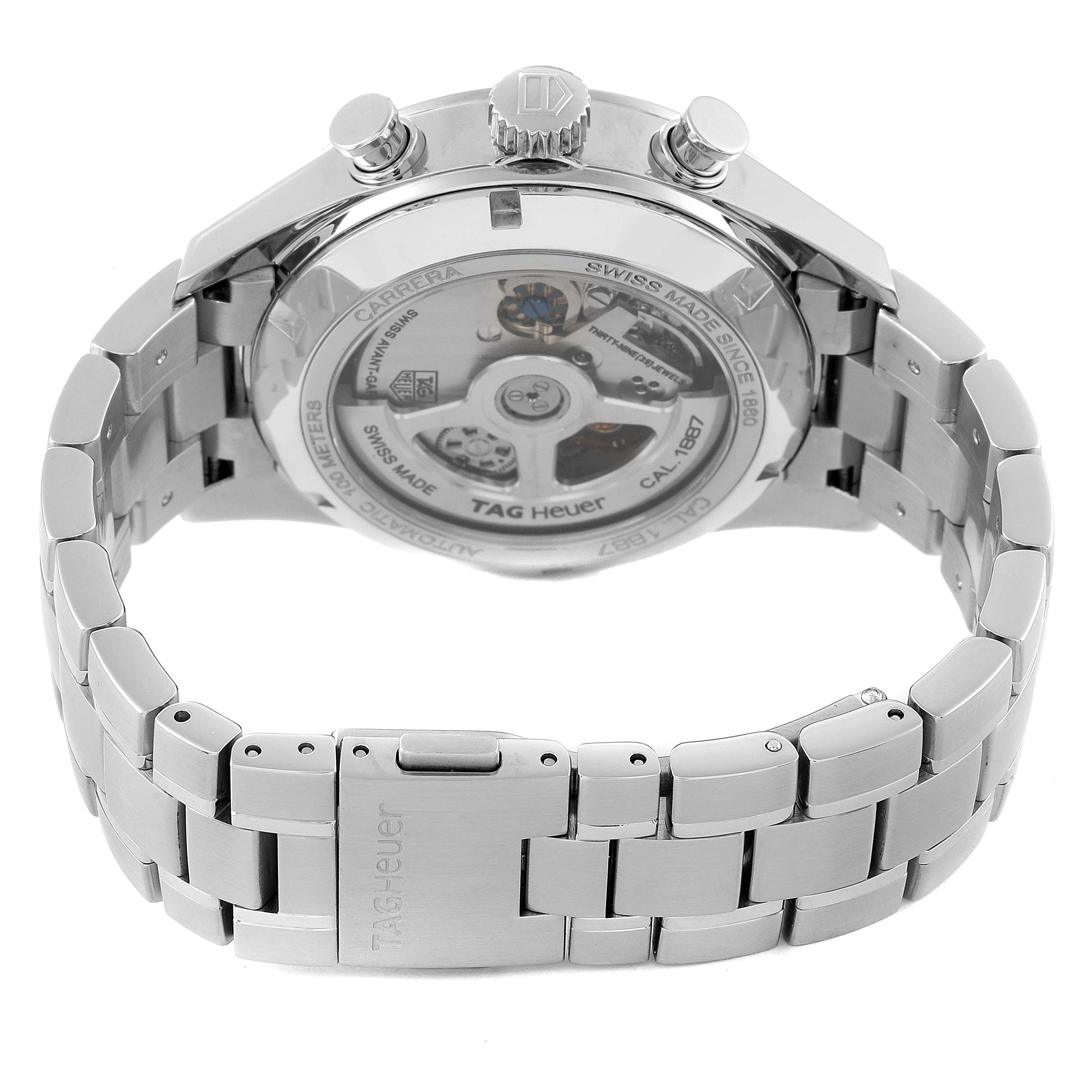 The image shows a rear view of a Tag Heuer Carrera CAR2115 Men's Stainless Steel Blue Dial CAR2115 Men's Stainless Steel Blue Dial watch, highlighting its clasp, bracelet, and the transparent case back.