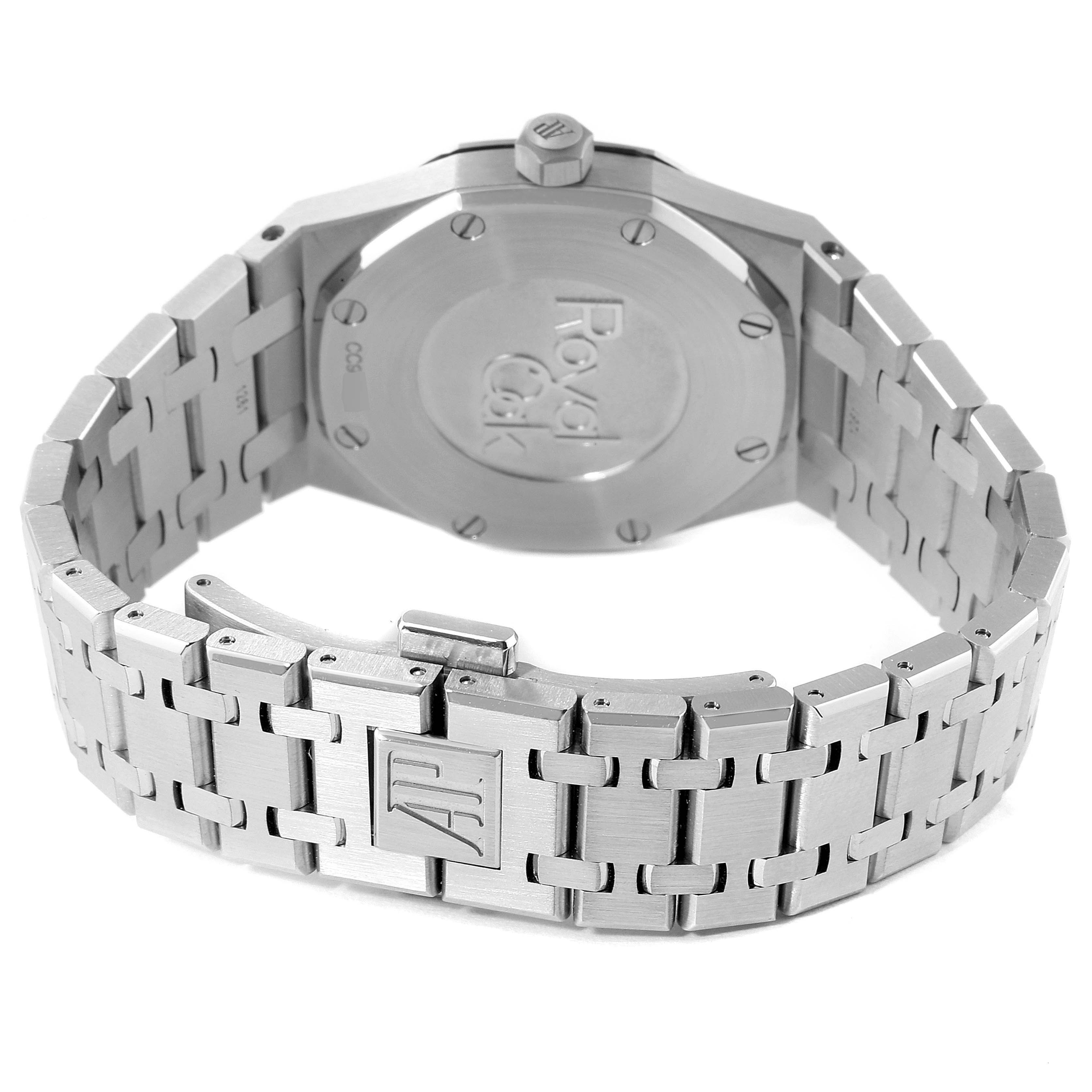 This image shows the back case and bracelet of the Royal Oak model by Audemars Piguet from a rear angle.