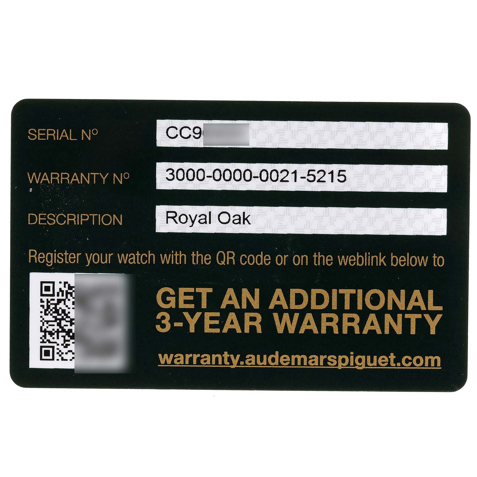 The image shows the warranty card for the Royal Oak model by Audemars Piguet, containing the serial and warranty number.