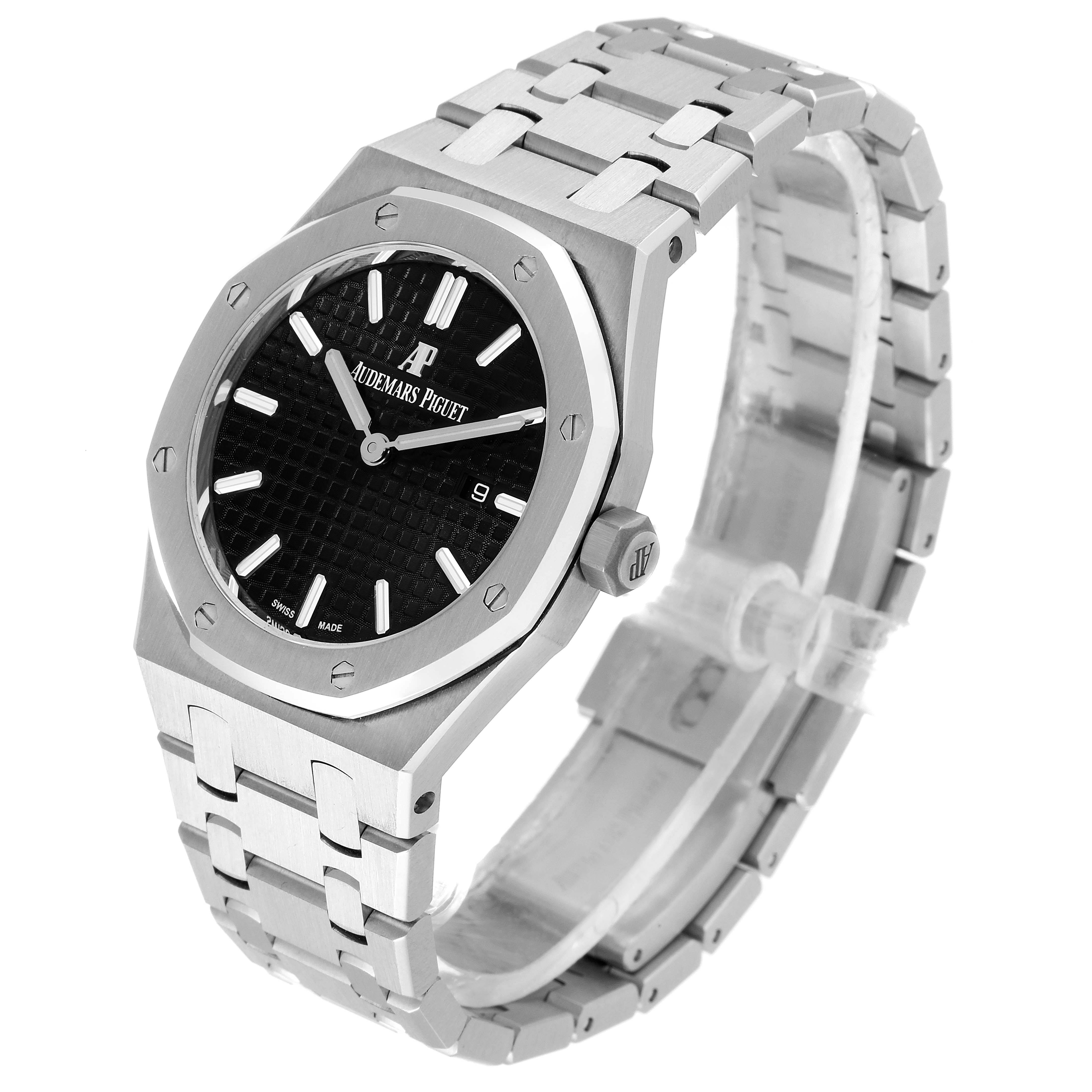 The image shows a front-side angle of the Audemars Piguet Royal Oak 67650ST.OO.1261ST.01 Women's Stainless Steel Black Dial 67650ST.OO.1261ST.01 Women's Stainless Steel Black Dial watch, highlighting its dial, bezel, case, and bracelet.