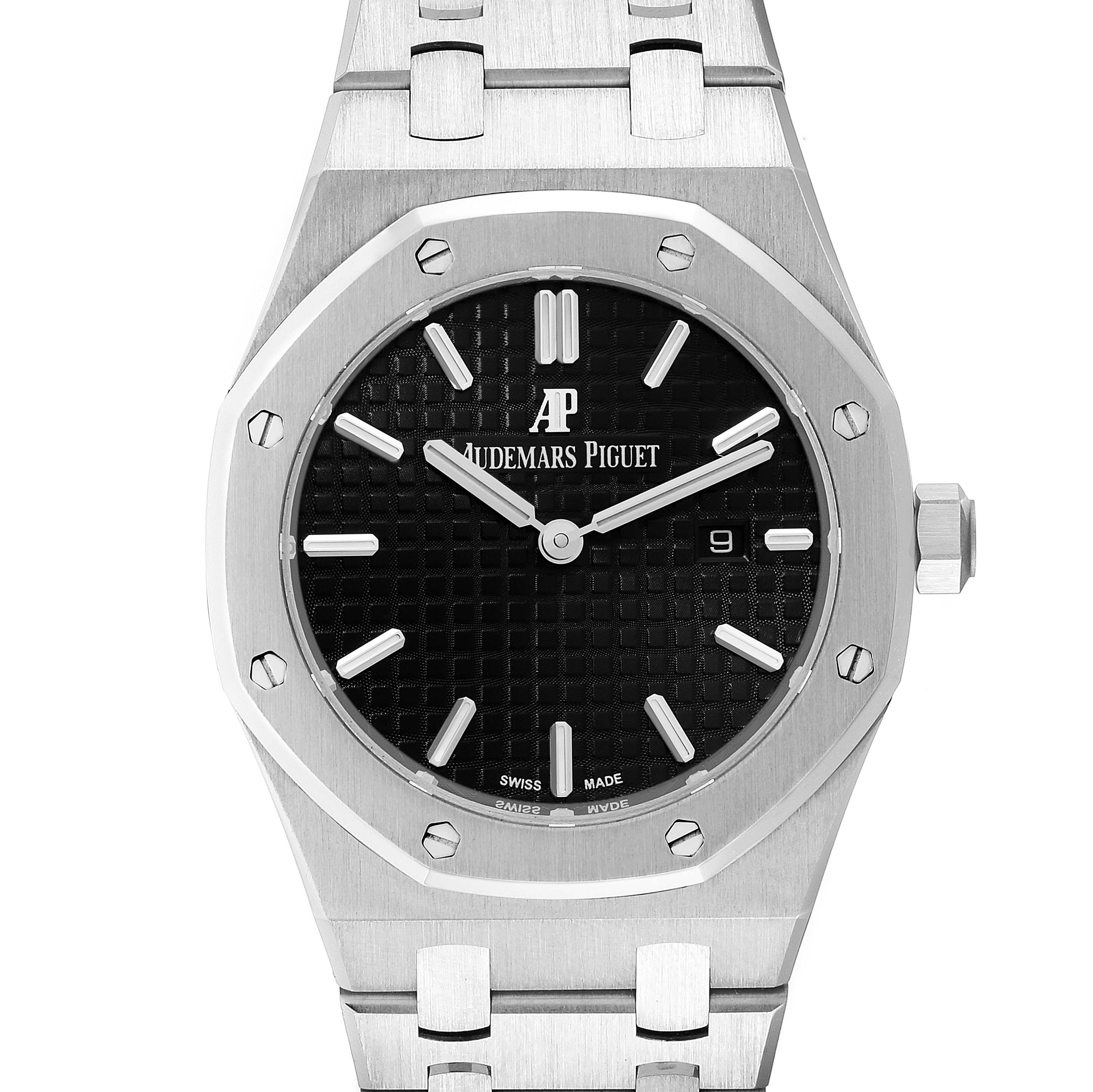 The image shows a front view of the Audemars Piguet Royal Oak 67650ST.OO.1261ST.01 Women's Stainless Steel Black Dial 67650ST.OO.1261ST.01 Women's Stainless Steel Black Dial watch, featuring the dial, bezel, and part of the bracelet.
