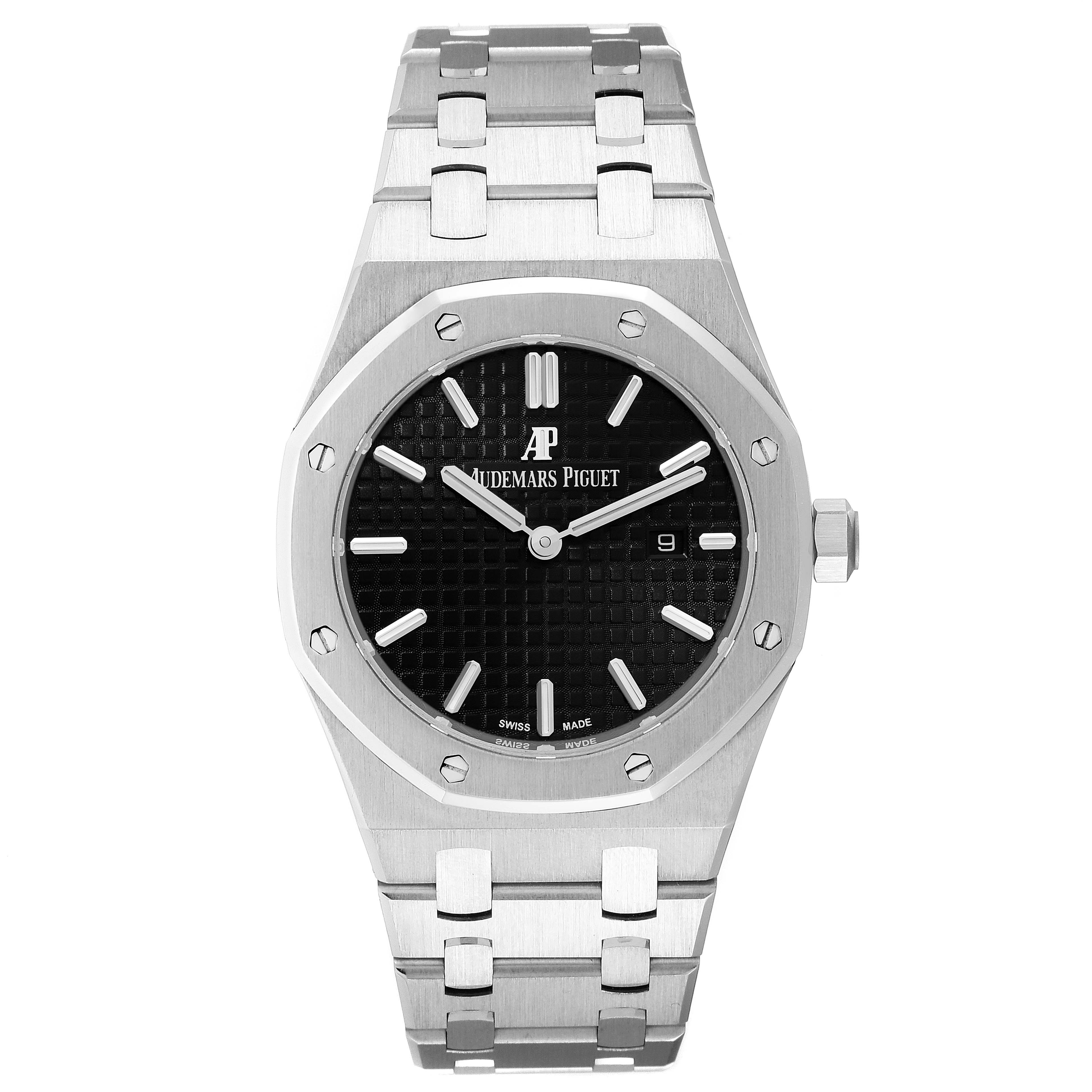 This image shows a front view of an Audemars Piguet Royal Oak 67650ST.OO.1261ST.01 Women's Stainless Steel Black Dial 67650ST.OO.1261ST.01 Women's Stainless Steel Black Dial watch, highlighting its face, bezel, crown, and bracelet.
