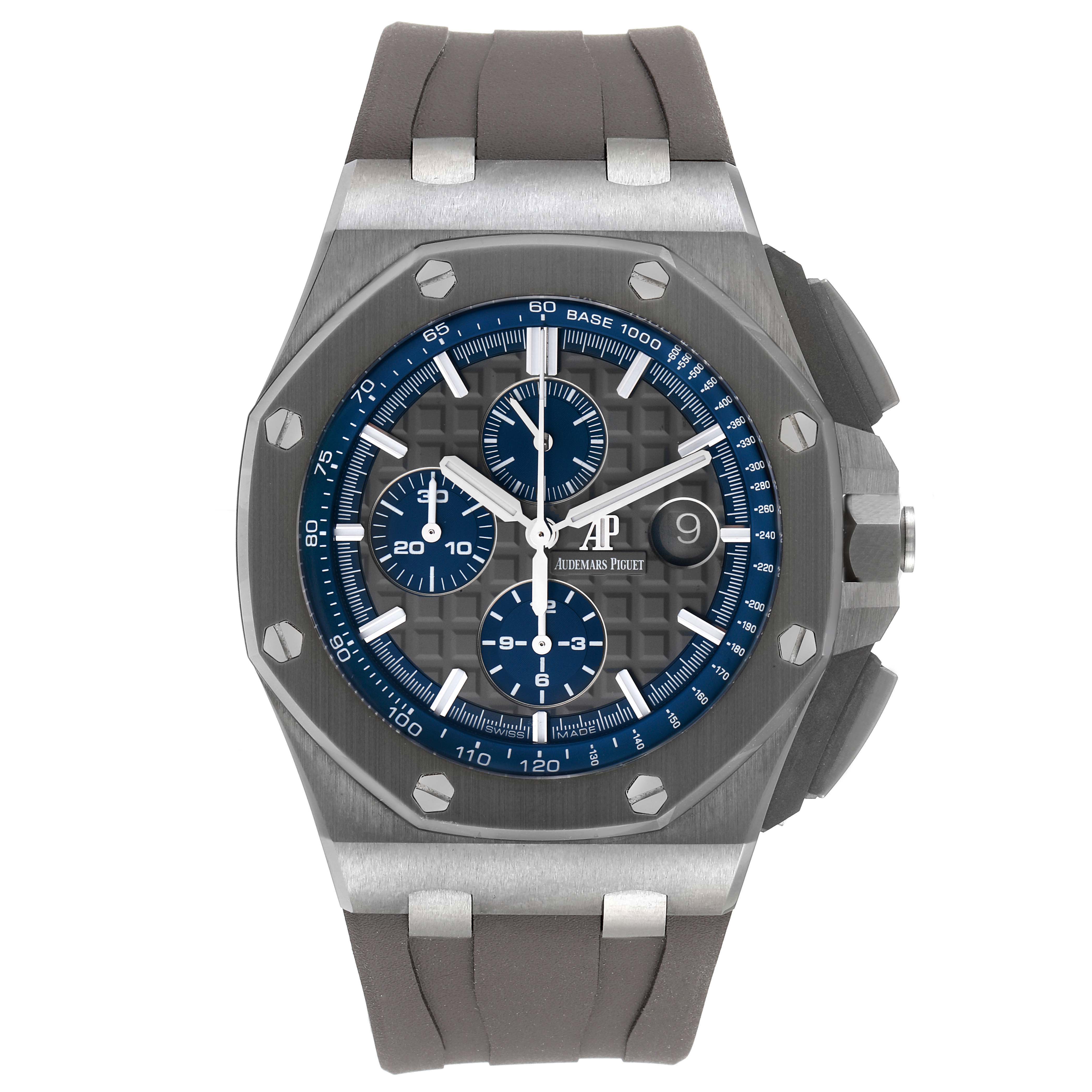 The image shows a front view of the Audemars Piguet Royal Oak Offshore 26400IO.OO.A004CA.02 Men's Titanium Grey Dial 26400IO.OO.A004CA.02 Men's Titanium Grey Dial watch, displaying its dial, bezel, and strap.