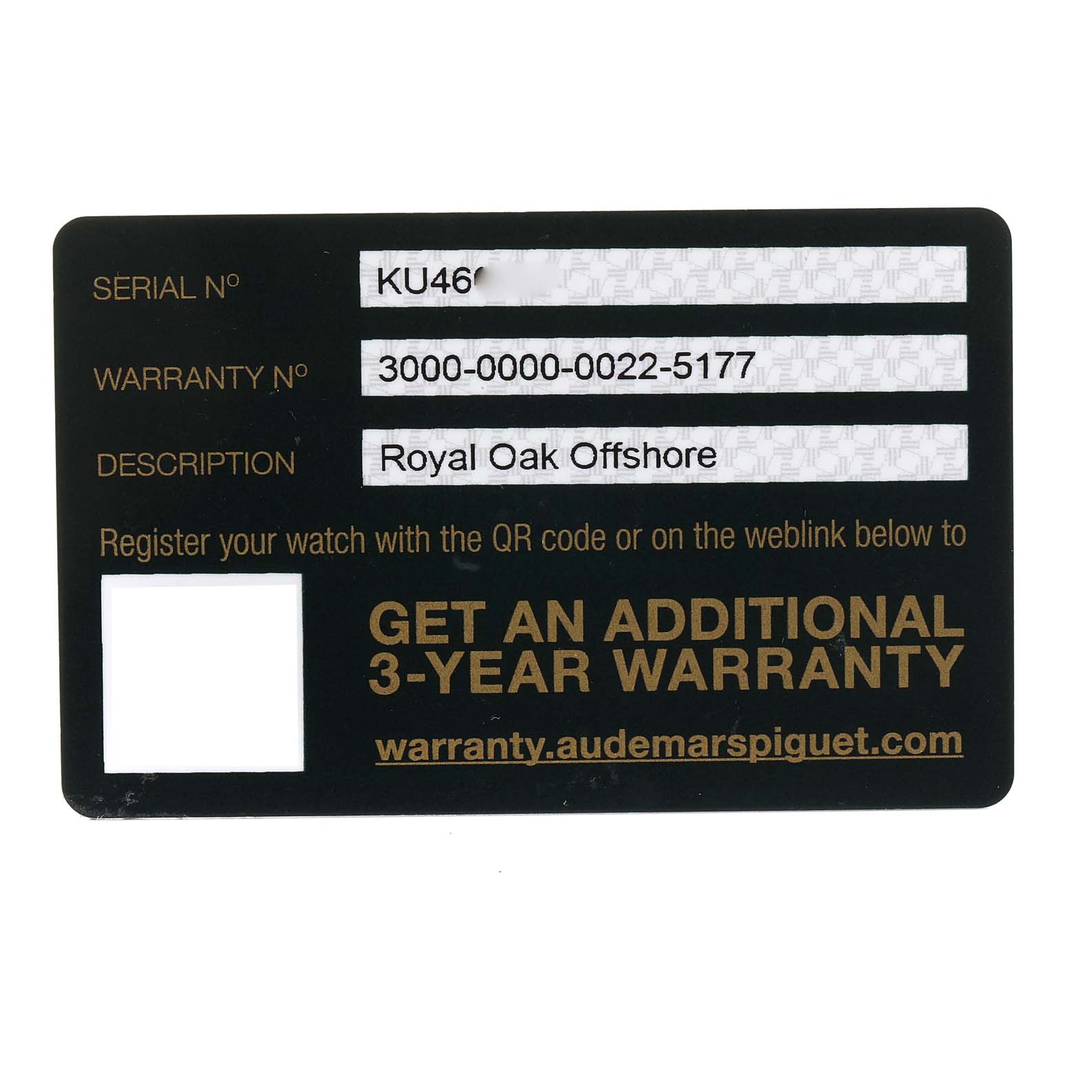This image shows a warranty card for the Audemars Piguet Royal Oak Offshore 26400IO.OO.A004CA.02 Men's Titanium Grey Dial 26400IO.OO.A004CA.02 Men's Titanium Grey Dial watch model.