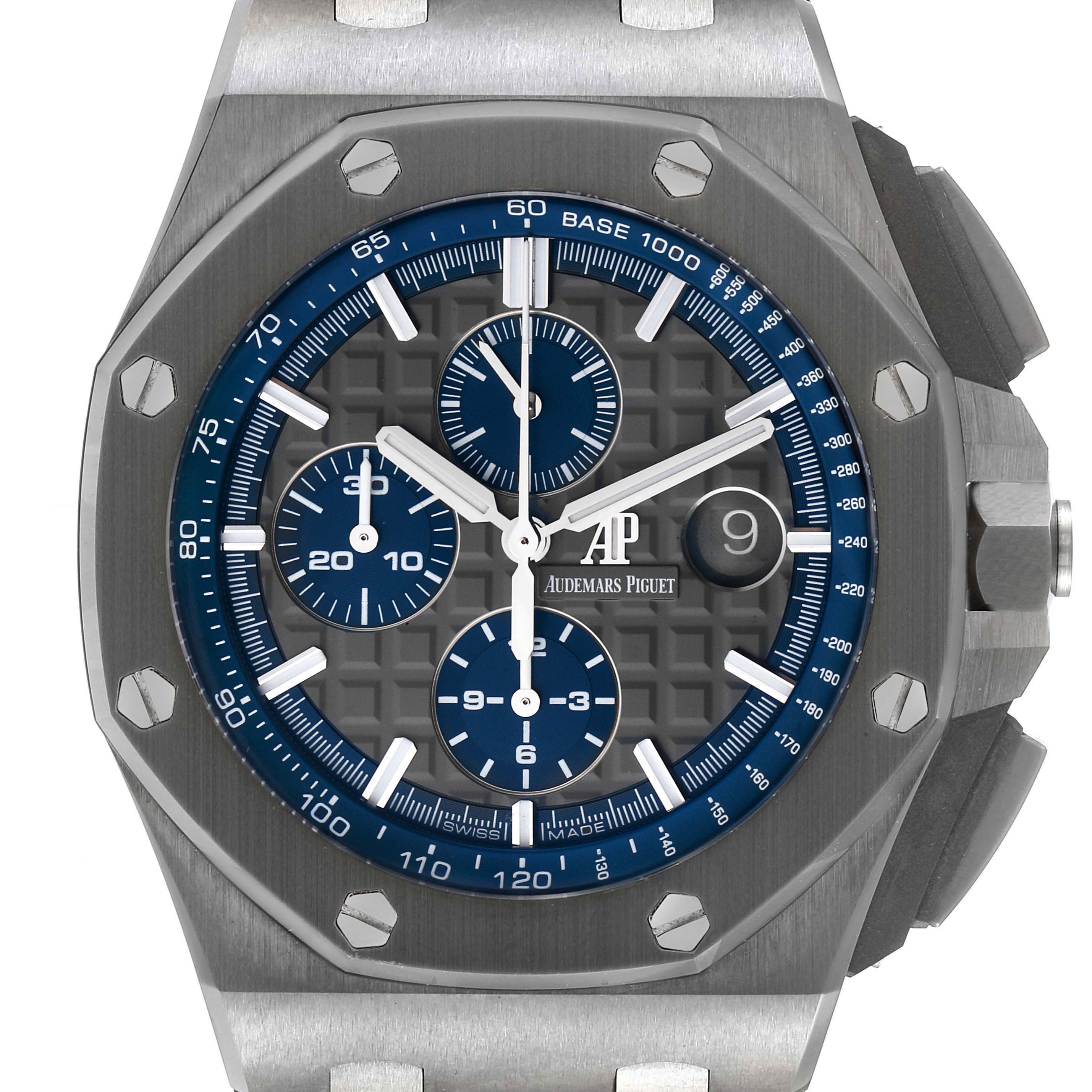This image shows a front view of the Audemars Piguet Royal Oak Offshore 26400IO.OO.A004CA.02 Men's Titanium Grey Dial 26400IO.OO.A004CA.02 Men's Titanium Grey Dial watch, highlighting its dial, subdials, and bezel.